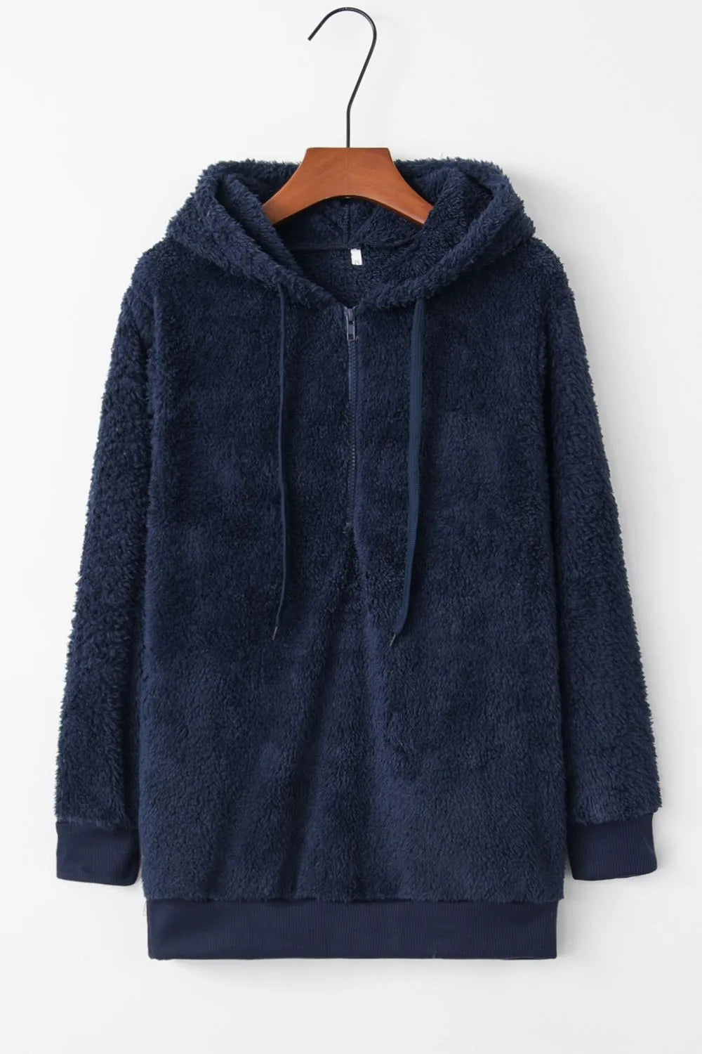 Cozy Full Size Teddy Hoodie with Quarter-Zip and Drawstring in navy blue, highlighting its plush fabric and stylish design for ultimate comfort.