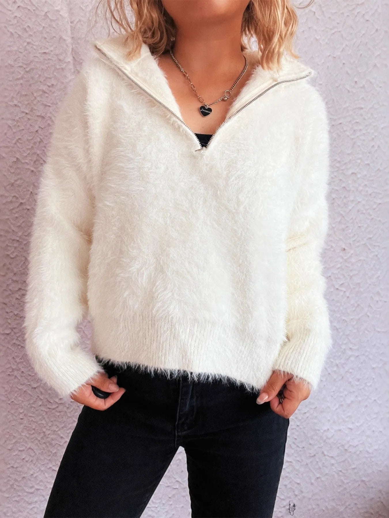 Front view of the Cozy Fuzzy Half-Zip Sweater for Women, featuring a soft white fabric and stylish design, perfect for layering.