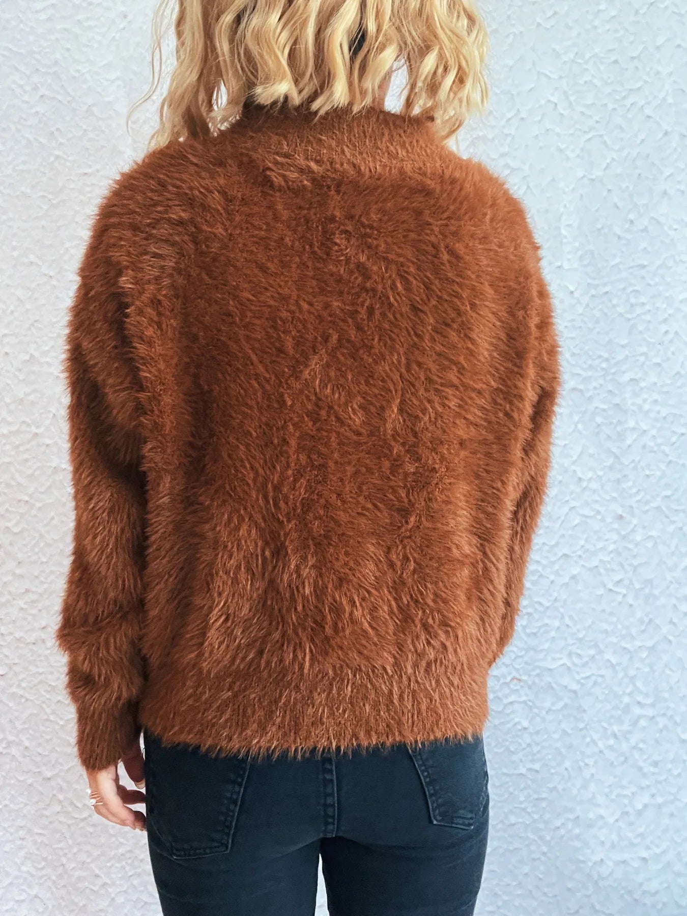Back view of the Cozy Fuzzy Half-Zip Sweater for Women, made of 100% Polyester with a soft texture. Ideal for casual wear.