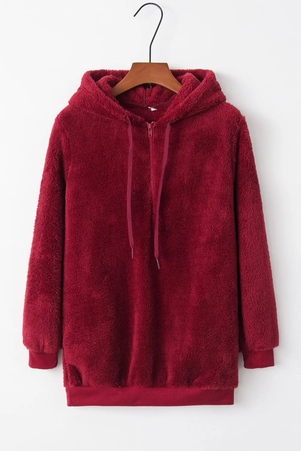 Cozy Full Size Teddy Hoodie with Quarter-Zip and Drawstring in vibrant red, showcasing its plush texture.