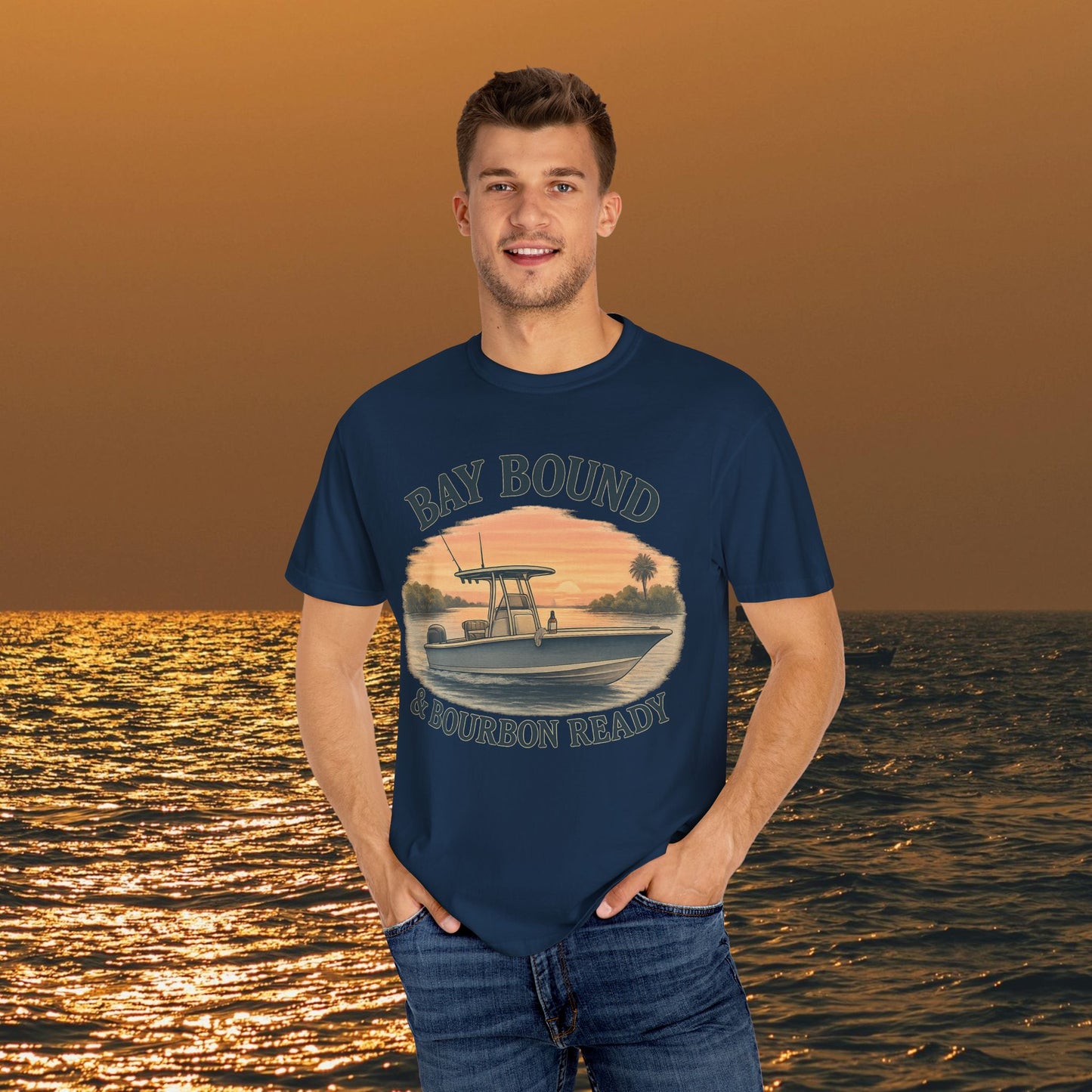 Another view of a man in the Bay Bound T-Shirt For Summer, emphasizing comfort and style for fishing and beach lovers.