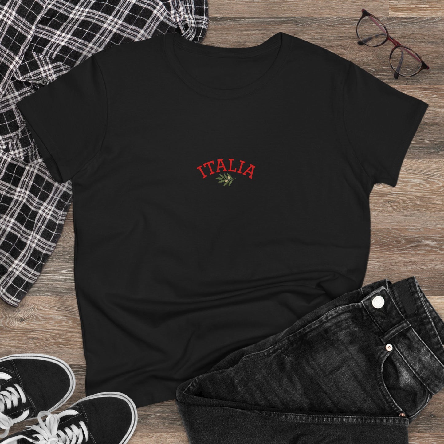 Unisex Ultra Cotton Tee with Italian Heritage Design featuring 'ITALIA' text, elegantly laid out with black jeans, perfect for any casual adventure.