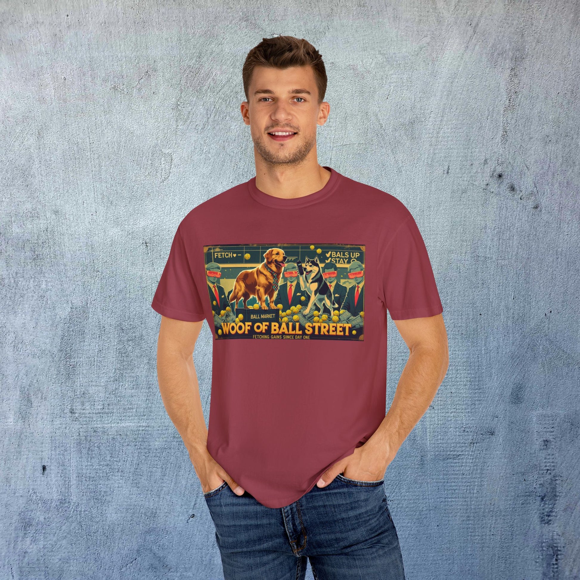 Man wearing the Sleek Woof of Ball Street T-Shirt, displaying its vibrant design and comfortable fit, ideal for everyday fashion.