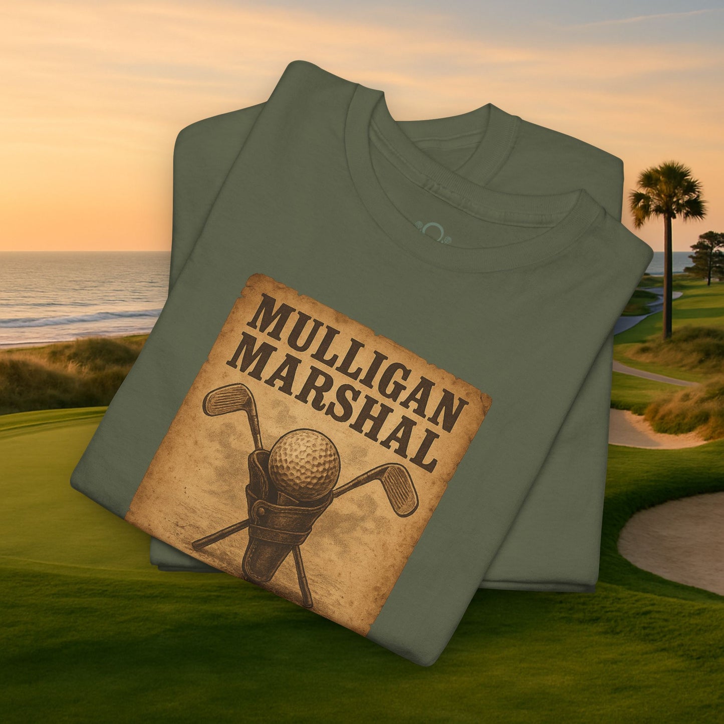 Funny Mulligan Marshal Wanted Golf Tee Shirt in soft olive green, great for summer outings on the golf course, with a fun design that golf lovers will appreciate.