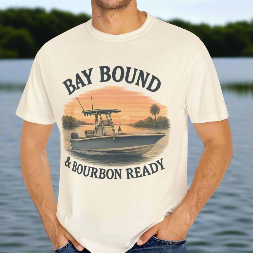 Boating T-Shirt For Summer showcasing Bay Bound design - Soft Cotton Casual Tee ideal for Fishing & Beach Lovers, modeled by a person against a scenic water background.
