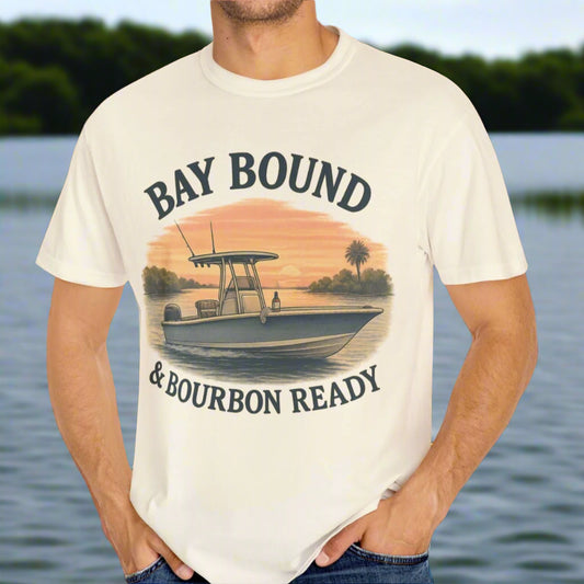 Boating T-Shirt For Summer showcasing Bay Bound design - Soft Cotton Casual Tee ideal for Fishing & Beach Lovers, modeled by a person against a scenic water background.