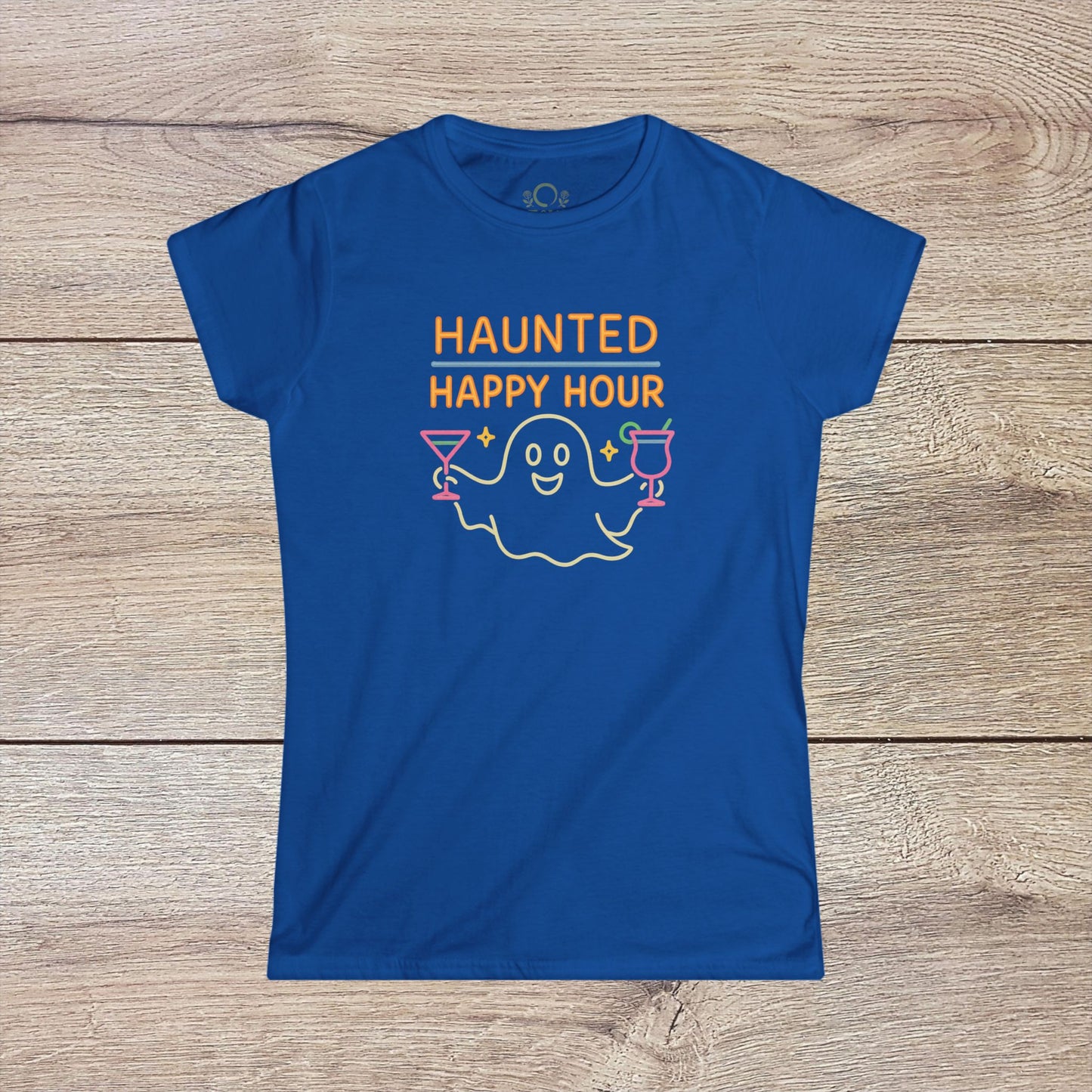 Haunted Happy Hour T-Shirt in bright blue, featuring a lively ghost and cocktail design, ideal for spirited Halloween parties and eco-conscious dressers.