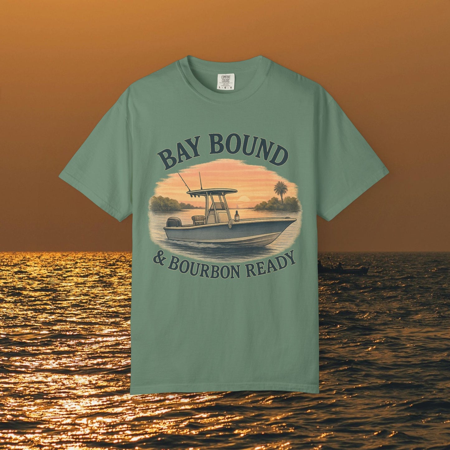Bay Bound T-Shirt for Summer displaying a captivating boat illustration, ideal for fishing and beach activities. Crafted from soft cotton, it offers a comfortable fit in sizes S-4XL.