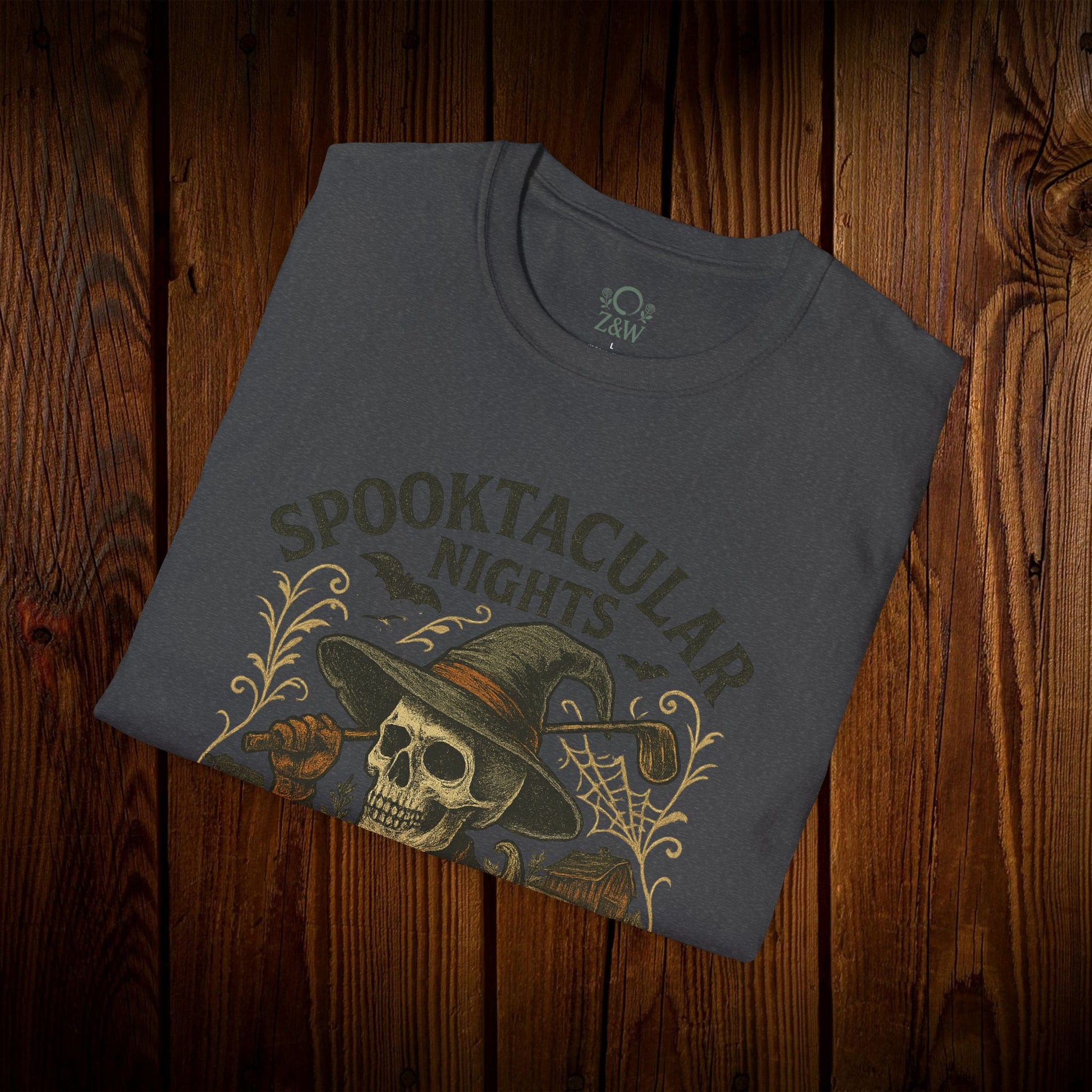 Spooktacular Nights Halloween T-Shirt in dark grey with skull design, perfect for unisex wear and fall parties.