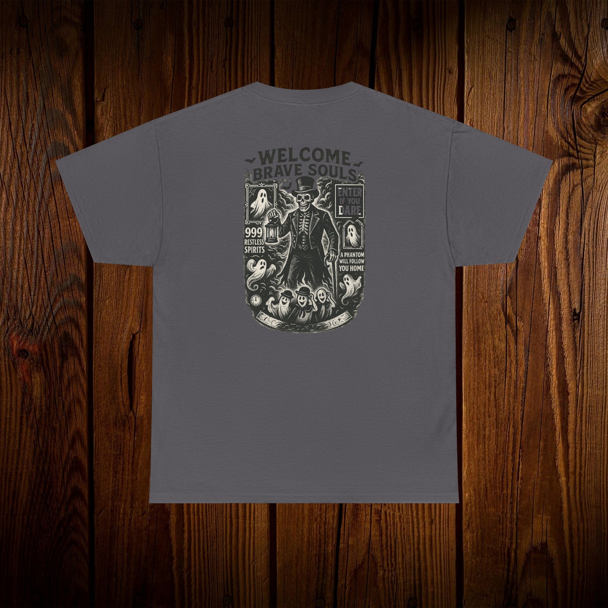 Spooky Halloween Graphic Tee presented in a gray color, displaying a unique ghost print, ideal for Halloween and casual outfits.