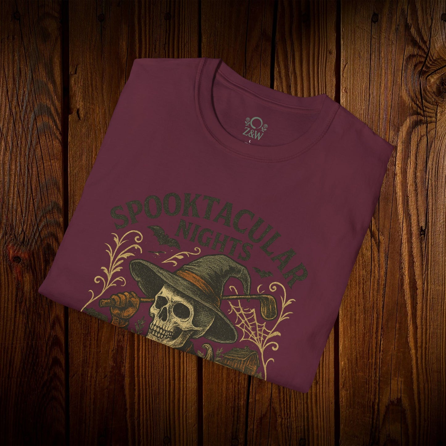 Spooktacular Nights Halloween T-Shirt in maroon featuring a detailed skull design, perfect for unisex wear at fall parties.