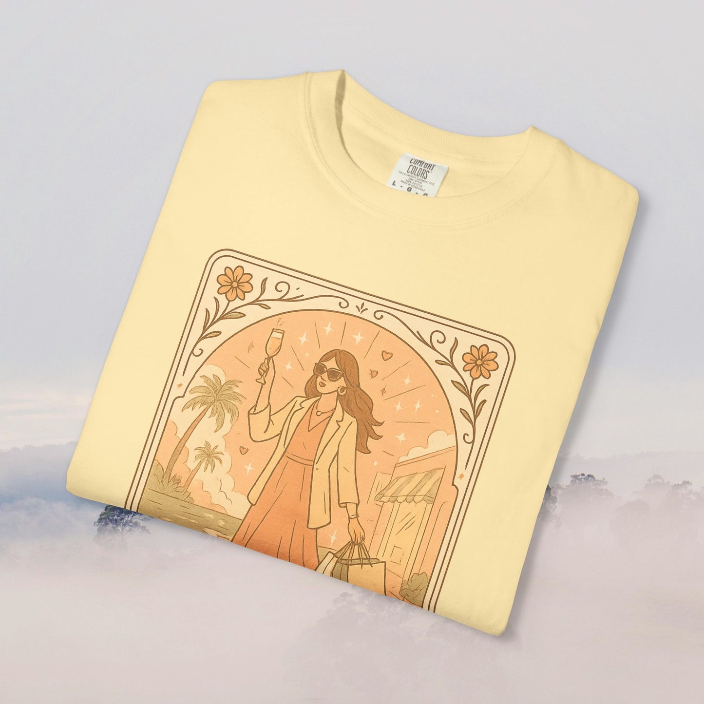 Brunch Babe Tarot Graphic Tee in yellow color, featuring a trendy illustration of a woman casually holding a drink, made from 100% US cotton for superior comfort, available in sizes S to 4XL.