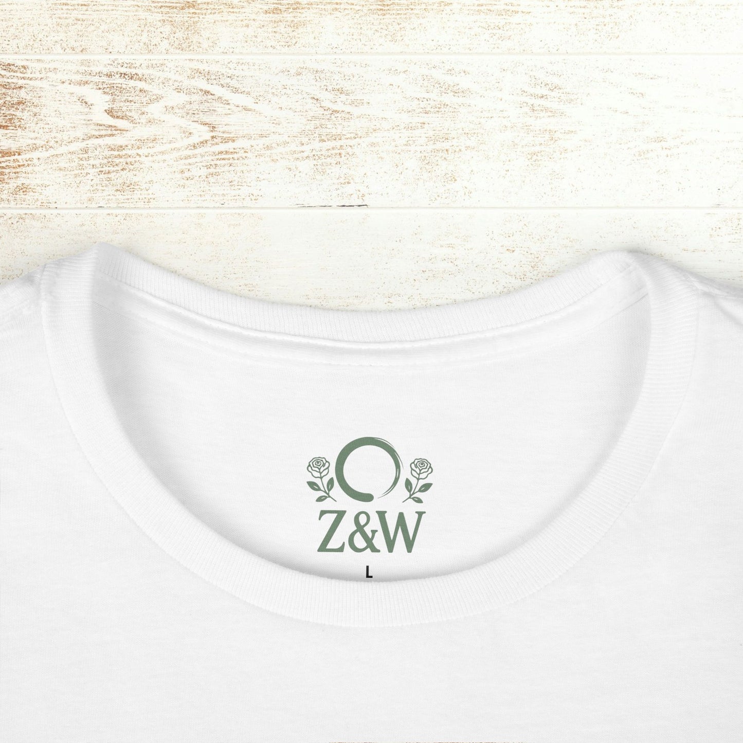No Bad Vibes Tee - Close-up of the neckline on a white t-shirt featuring a ribbed collar and brand logo, showcasing its sustainable fabric.