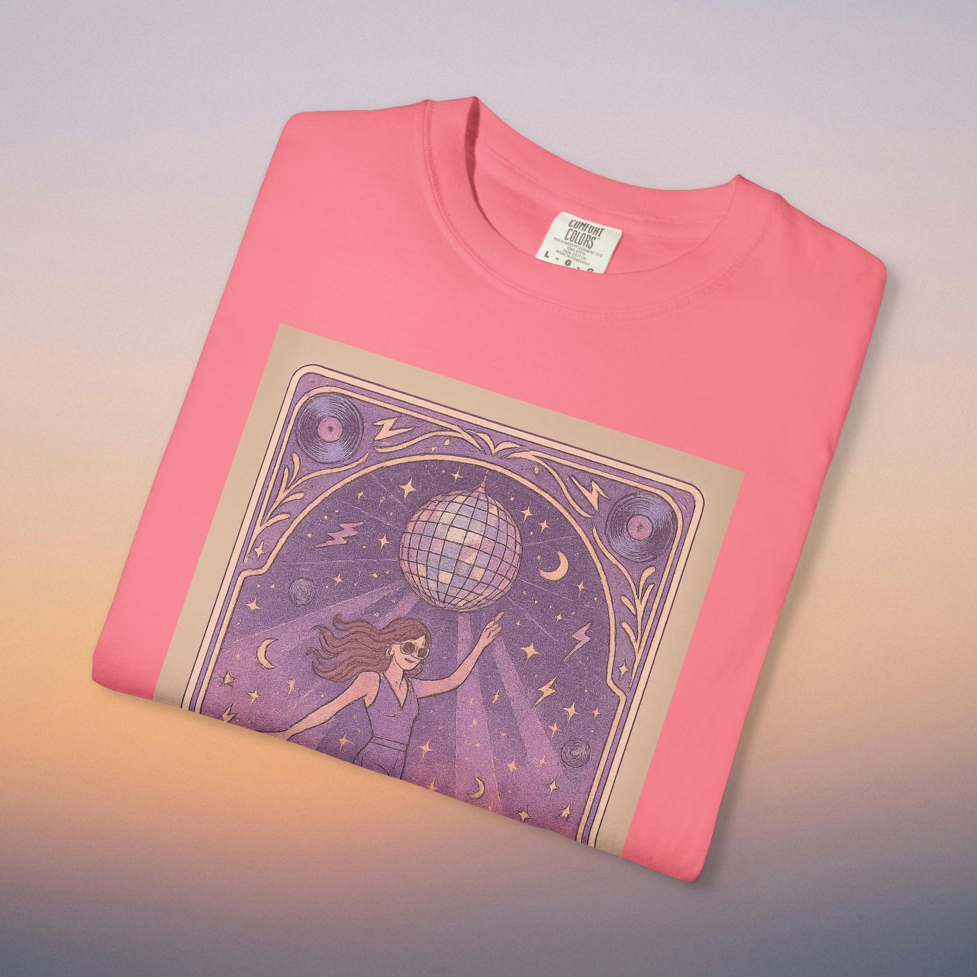 Groove Tarot Graphic Tee featuring a colorful design of a woman dancing under a disco ball, made from 100% ring-spun cotton for unisex fit, available in sizes S-4XL.