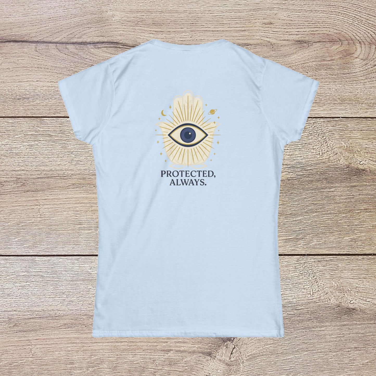 Ladies' V-Neck T-Shirt - Comfortable 100% Cotton Tee with a light blue fabric displaying an eye and hand graphic design on the back, symbolizing protection and positivity.