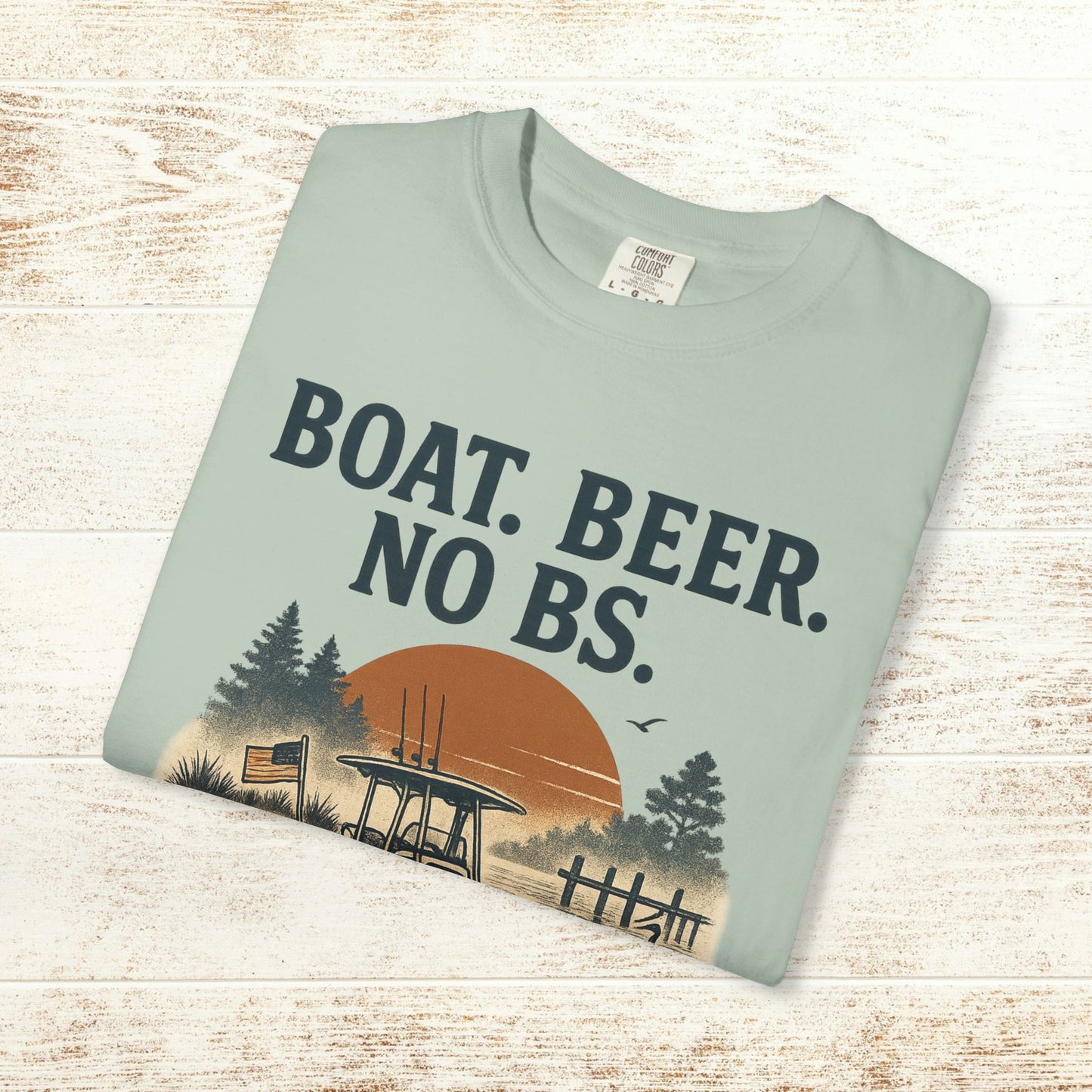 Boat Beer No BS Tee in soft mint color featuring a sunset and nature design, perfect for casual wear.
