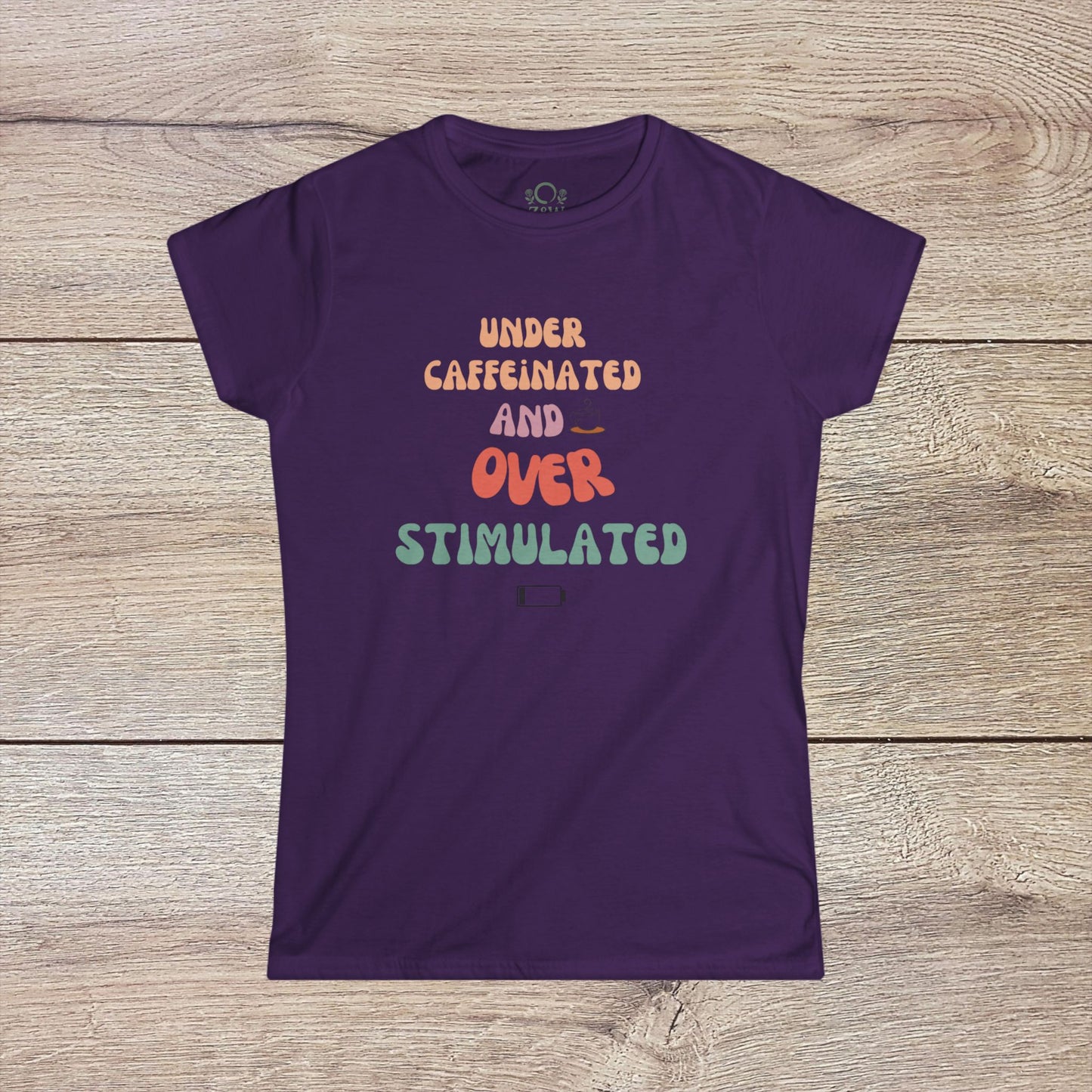 Dark purple Under-Caffeinated Over-Stimulated Hoodie with vibrant text design, ideal for relaxed outfits.