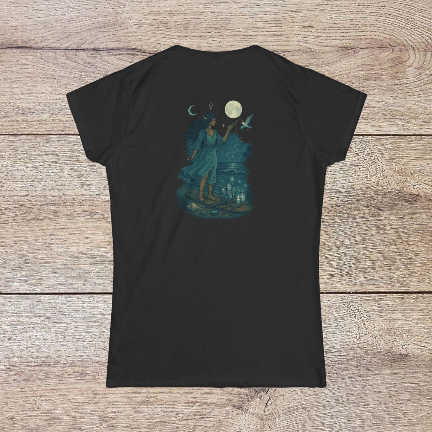 Moon Child T-Shirt - Soft Slim-Fit Tee for Dreamers featuring a mystical design of a woman beside the moon, perfect for those who embrace their whimsical side.