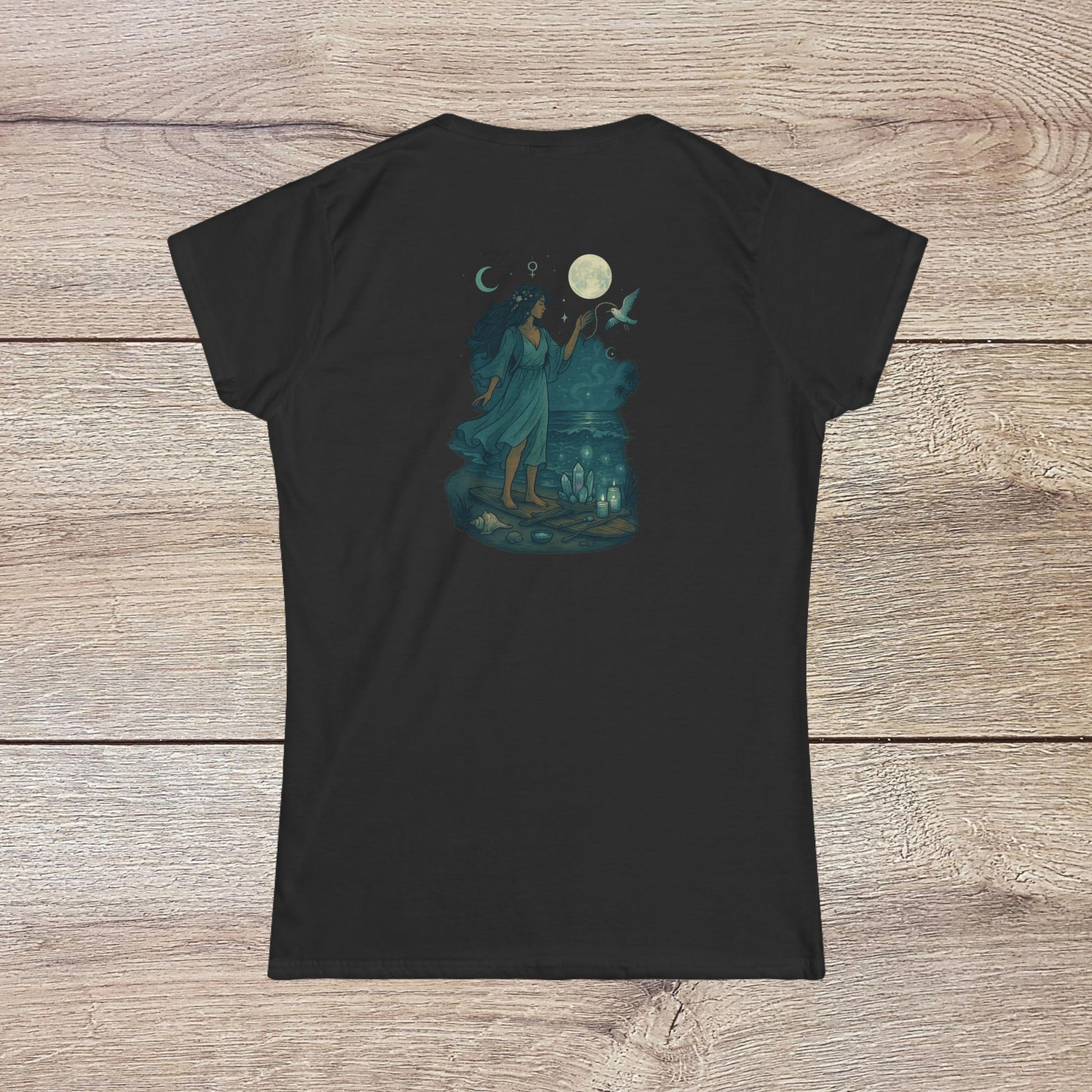 Moon Child T-Shirt - Soft Slim-Fit Tee for Dreamers featuring a mystical design of a woman beside the moon, perfect for those who embrace their whimsical side.