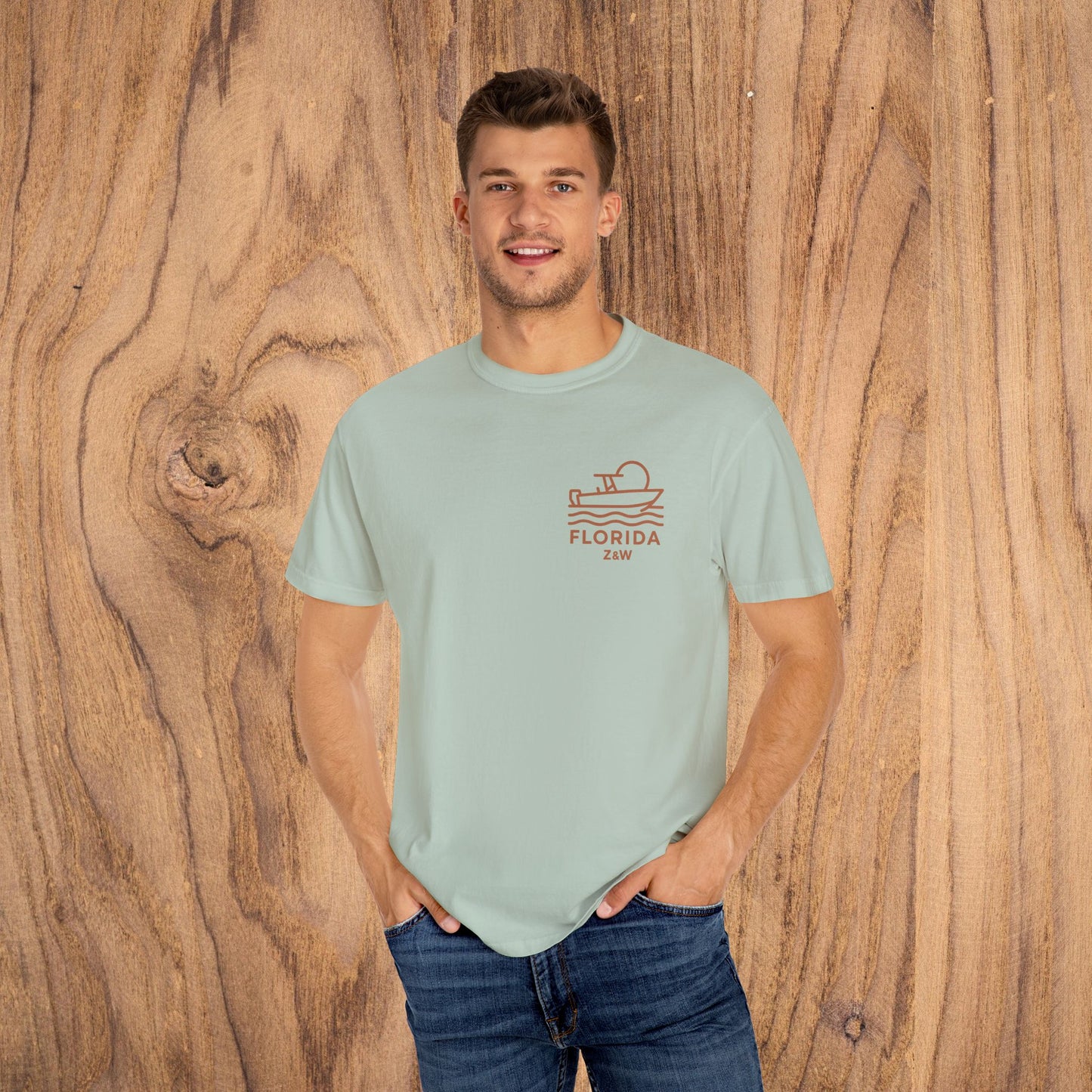 Man wearing Unisex Florida Graphic Tee, showcasing soft US cotton fabric, perfect for casual outings.