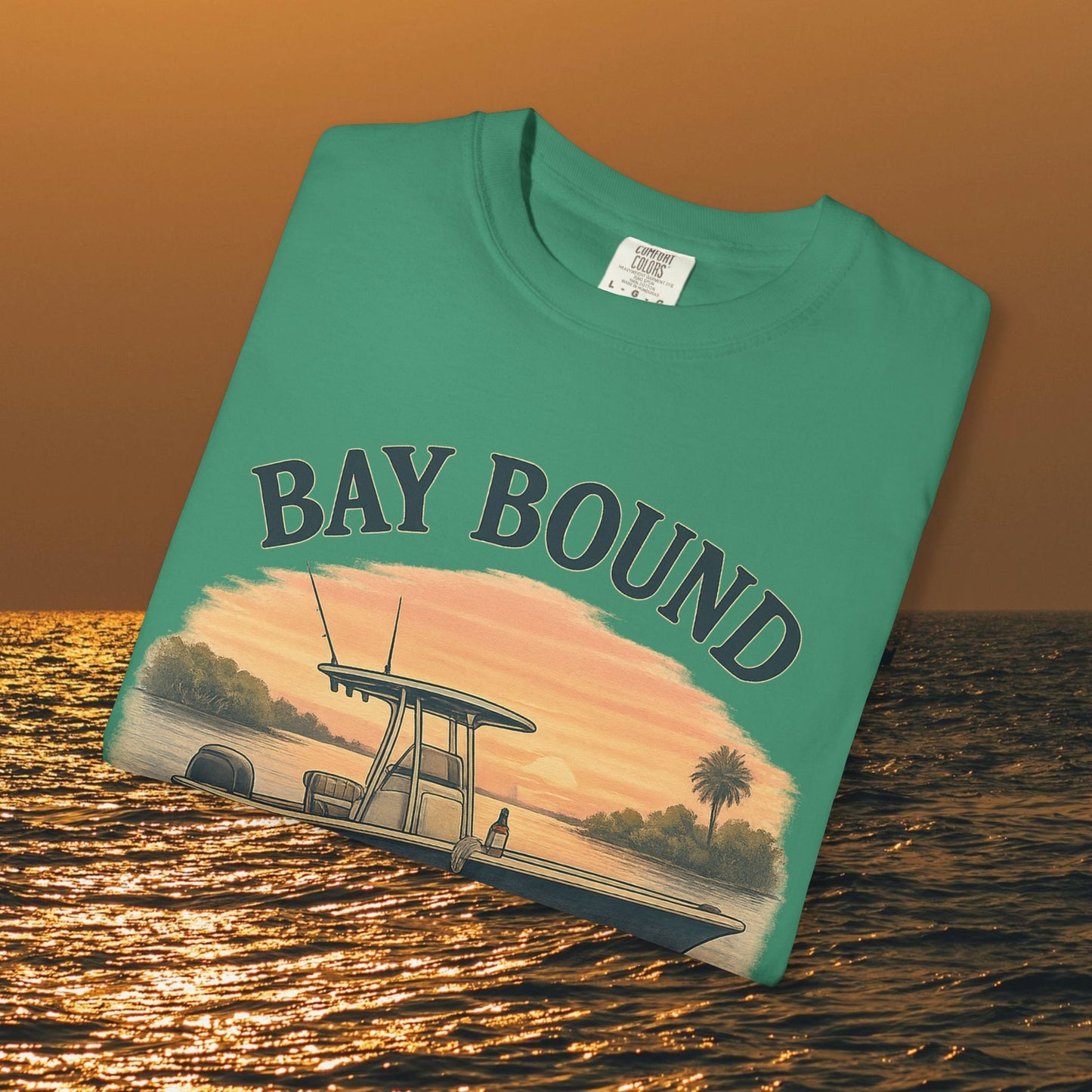 Front view of the Bay Bound T-Shirt featuring a scenic design, ideal for summer boating adventures - Soft Cotton Casual Tee for fishing and beach lovers, sizes S-4XL.