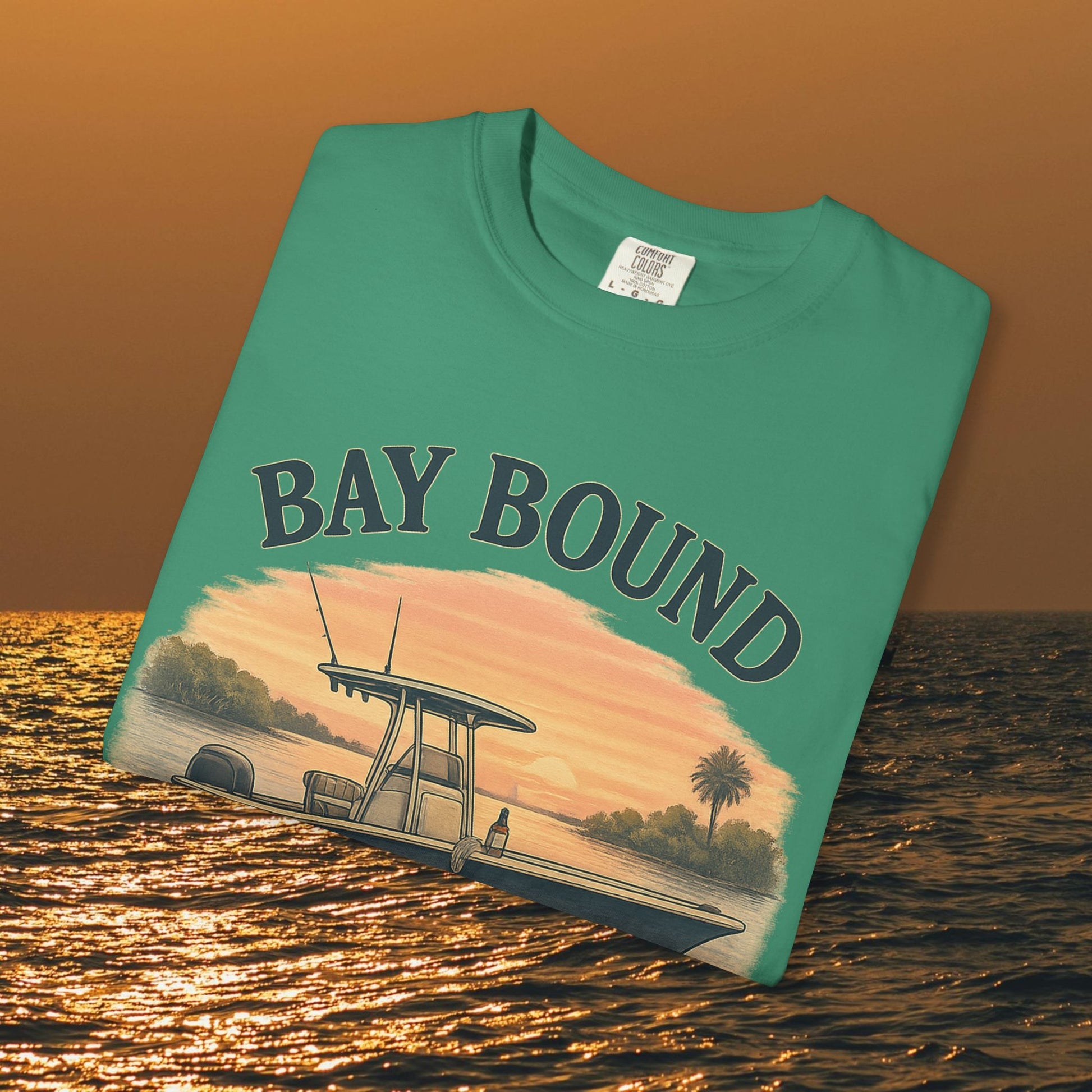 Front view of the Bay Bound T-Shirt featuring a scenic design, ideal for summer boating adventures - Soft Cotton Casual Tee for fishing and beach lovers, sizes S-4XL.
