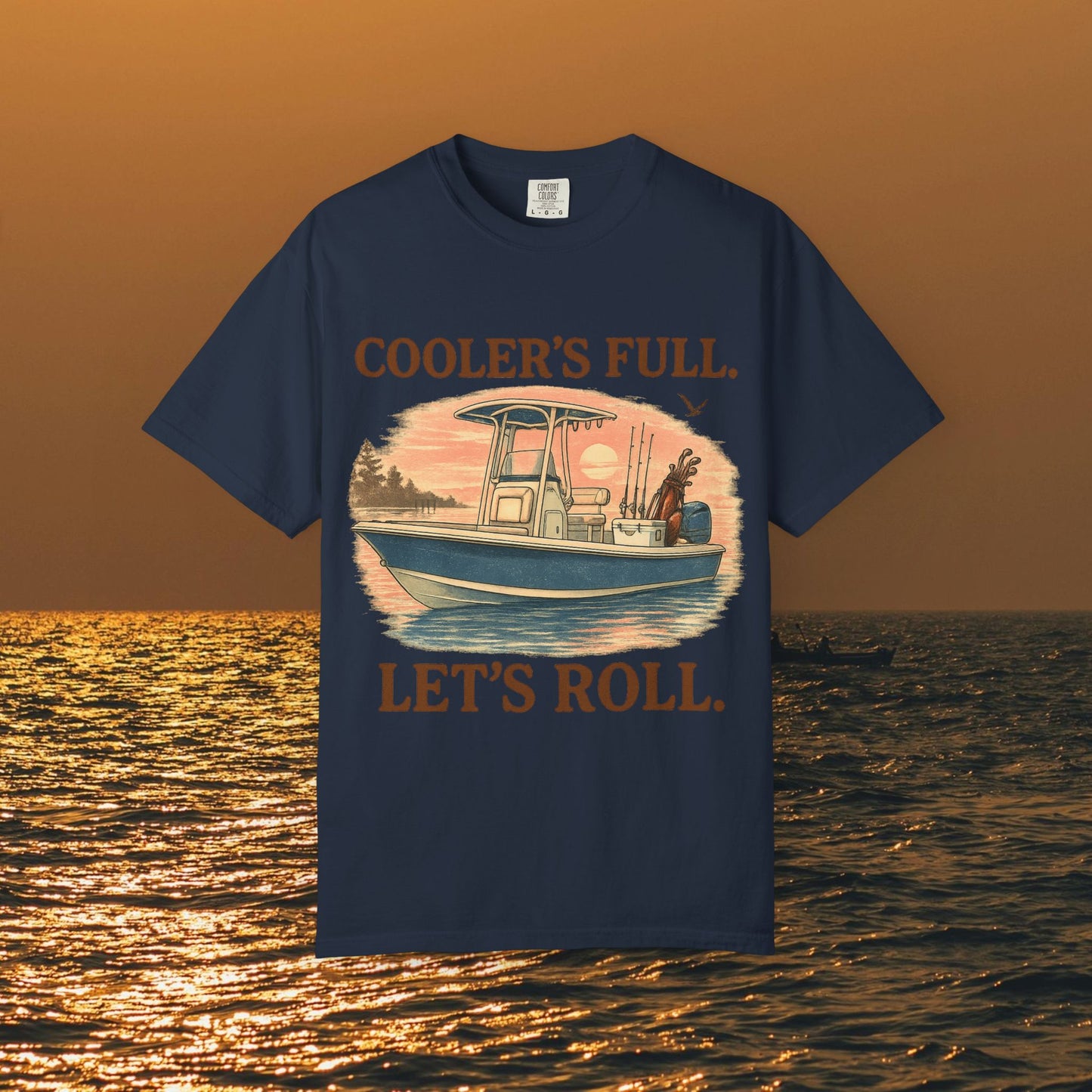 Men's & Women's Durable Cotton Full Tee in navy blue displaying a fishing boat and 'Cooler's Full. Let's Roll.' slogan. Soft and seamless, sizes range from S to 4XL.