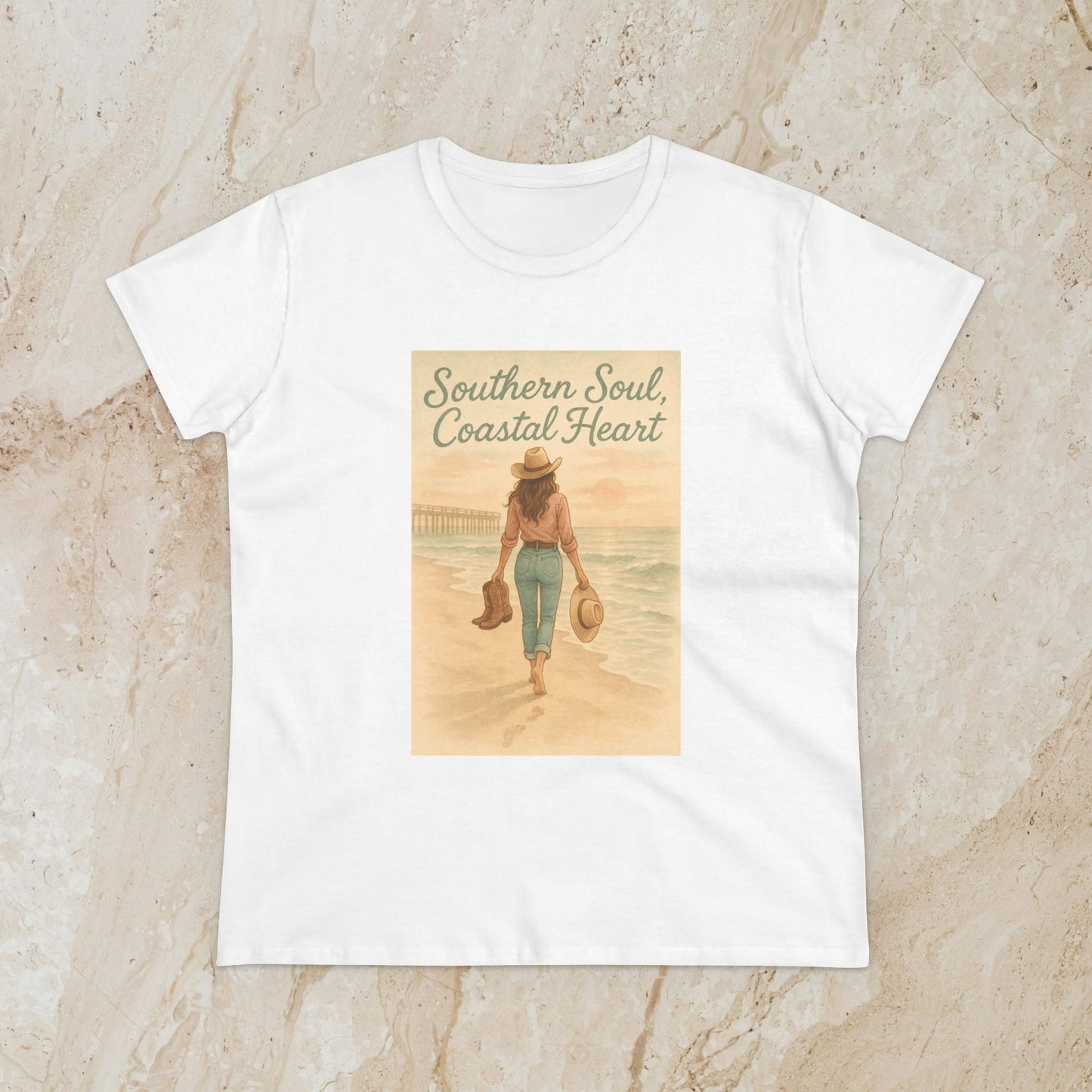 Southern Soul Coated Heart Tee in white color, featuring a vintage illustration of a woman walking along the shore, perfect for casual and beach lovers.