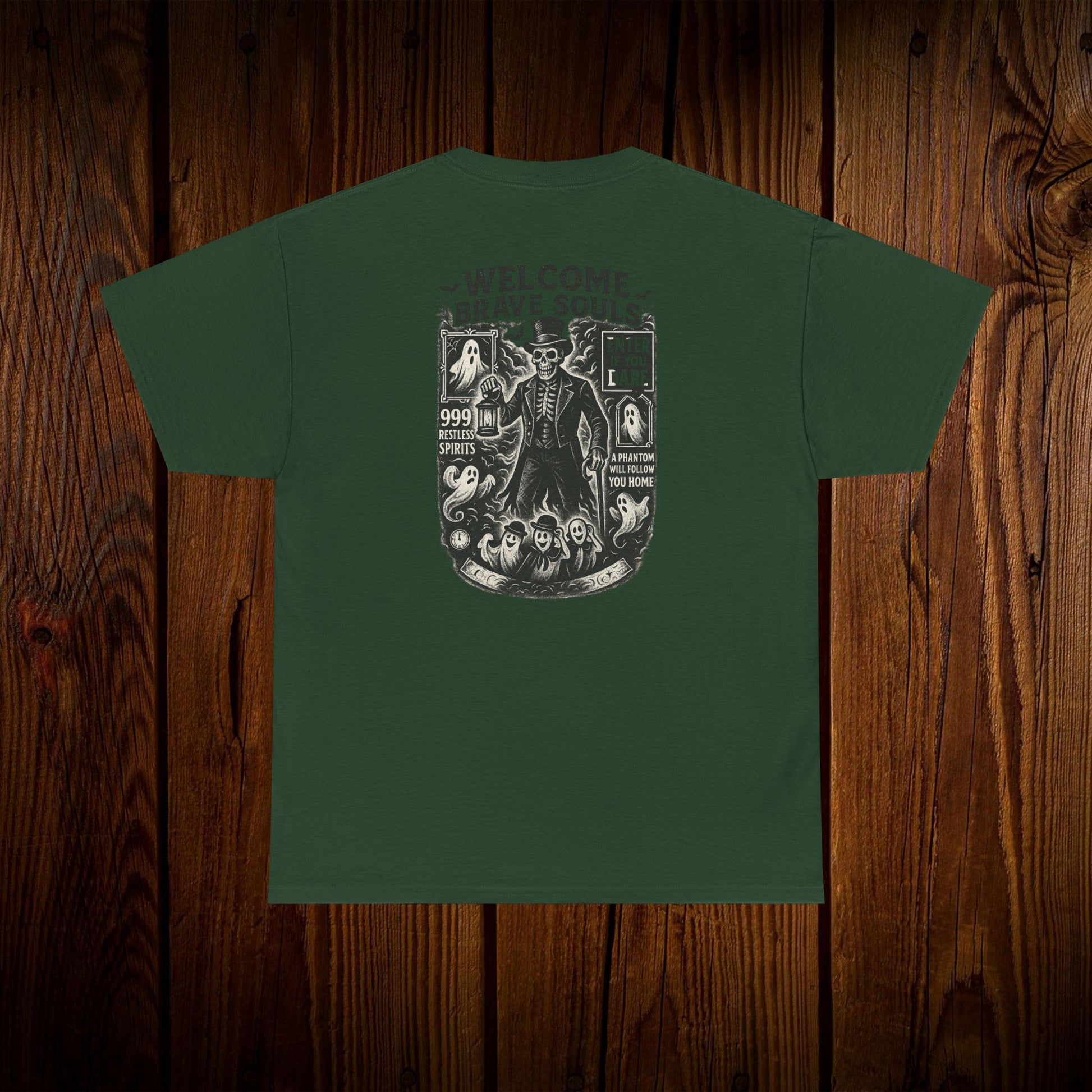 Back view of Spooky Halloween Graphic Tee in green color - Unisex cotton shirt featuring a detailed ghosts print, suitable for casual Halloween style.