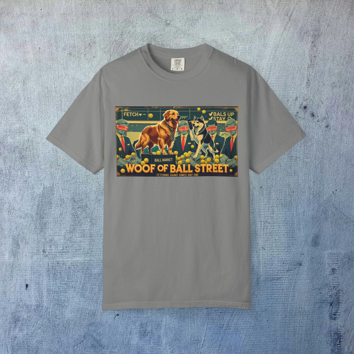 Sleek Woof of Ball Street T-Shirt in grey, decorated with a fun dog graphic, designed for ultimate comfort with soft 100% cotton fabric.