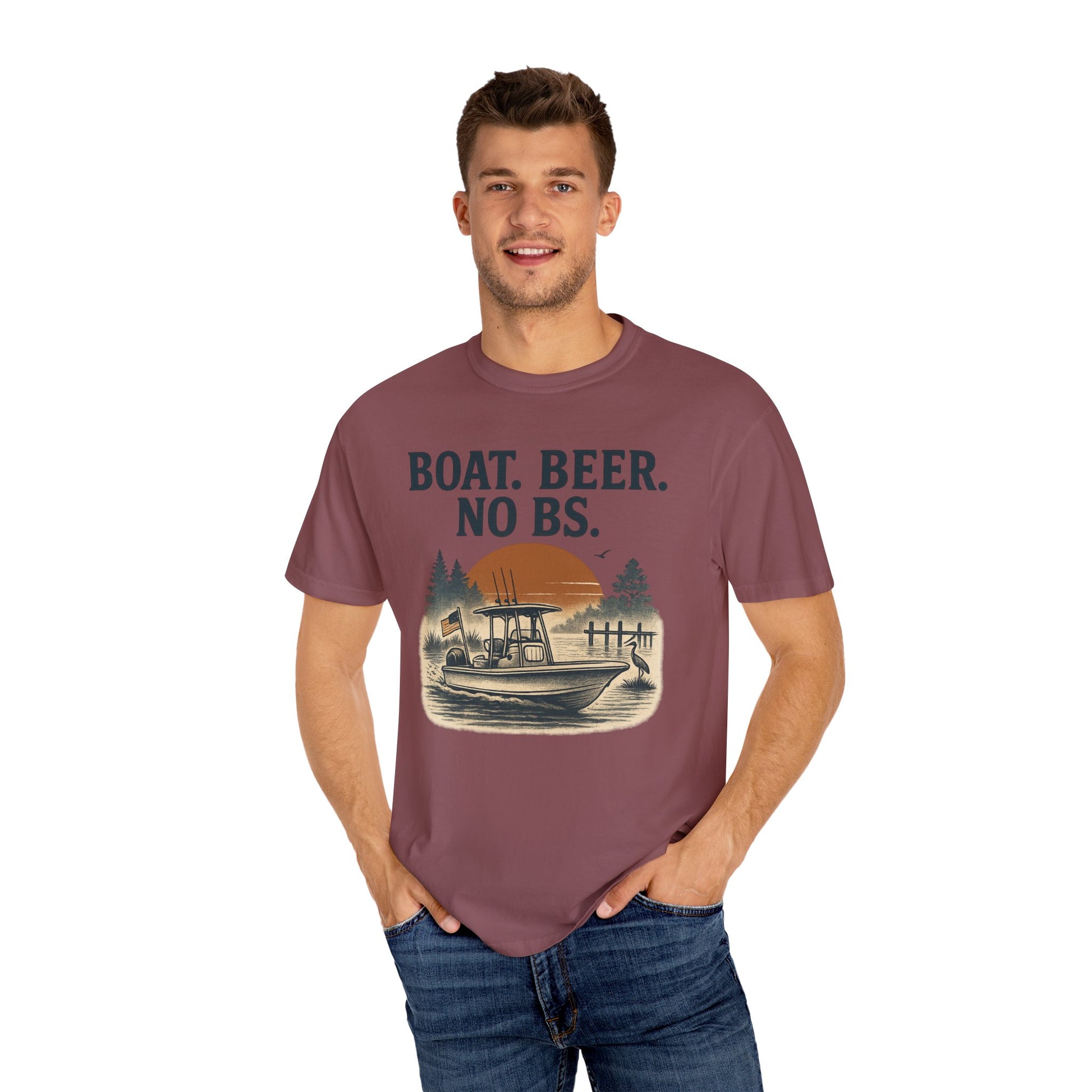 Man wearing the Boat Beer No BS Tee in maroon, showcasing a casual style with a vintage boat graphic.