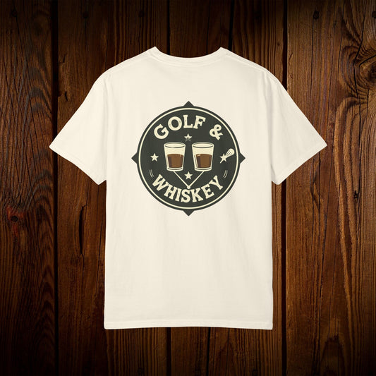 Men's Golf & Whiskey Tee featuring a stylish back design with golf and whiskey graphics on a wooden background, showcasing its eco-friendly design and soft cotton material.