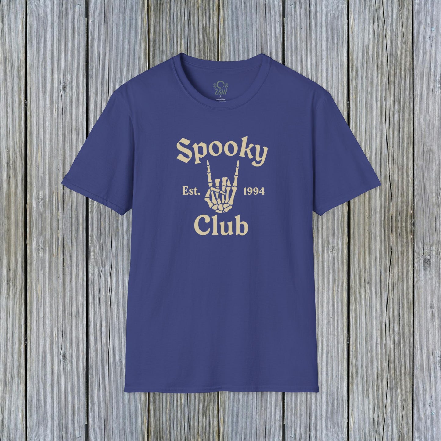 Unisex Spooky Club Tee in royal blue, composed of soft 100% cotton, featuring a striking skeleton hand graphic with 'Spooky Club Est. 1994' text, ideal for Halloween celebrations.