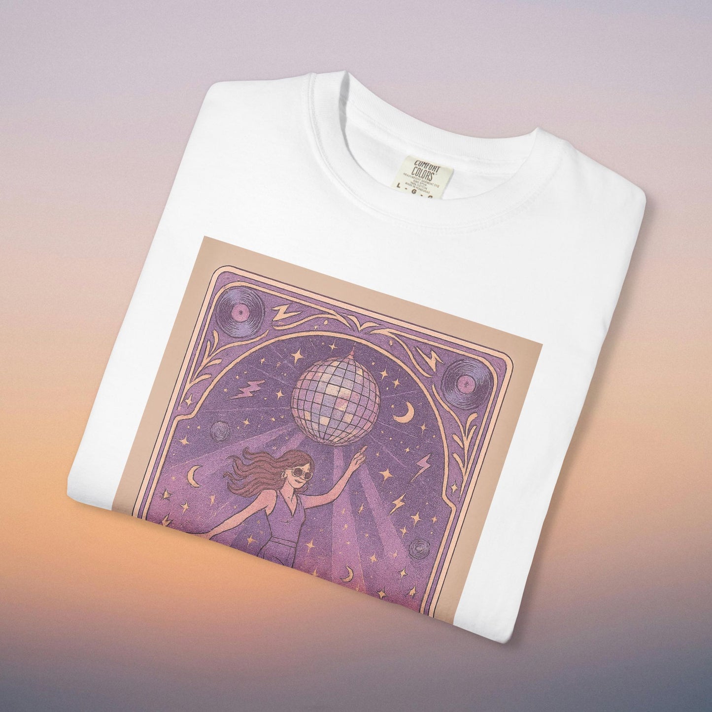 Groove Tarot Graphic Tee in classic white, made from 100% ring-spun cotton, highlighting an enchanting graphic of a disco ball surrounded by stars, versatile for any casual occasion.