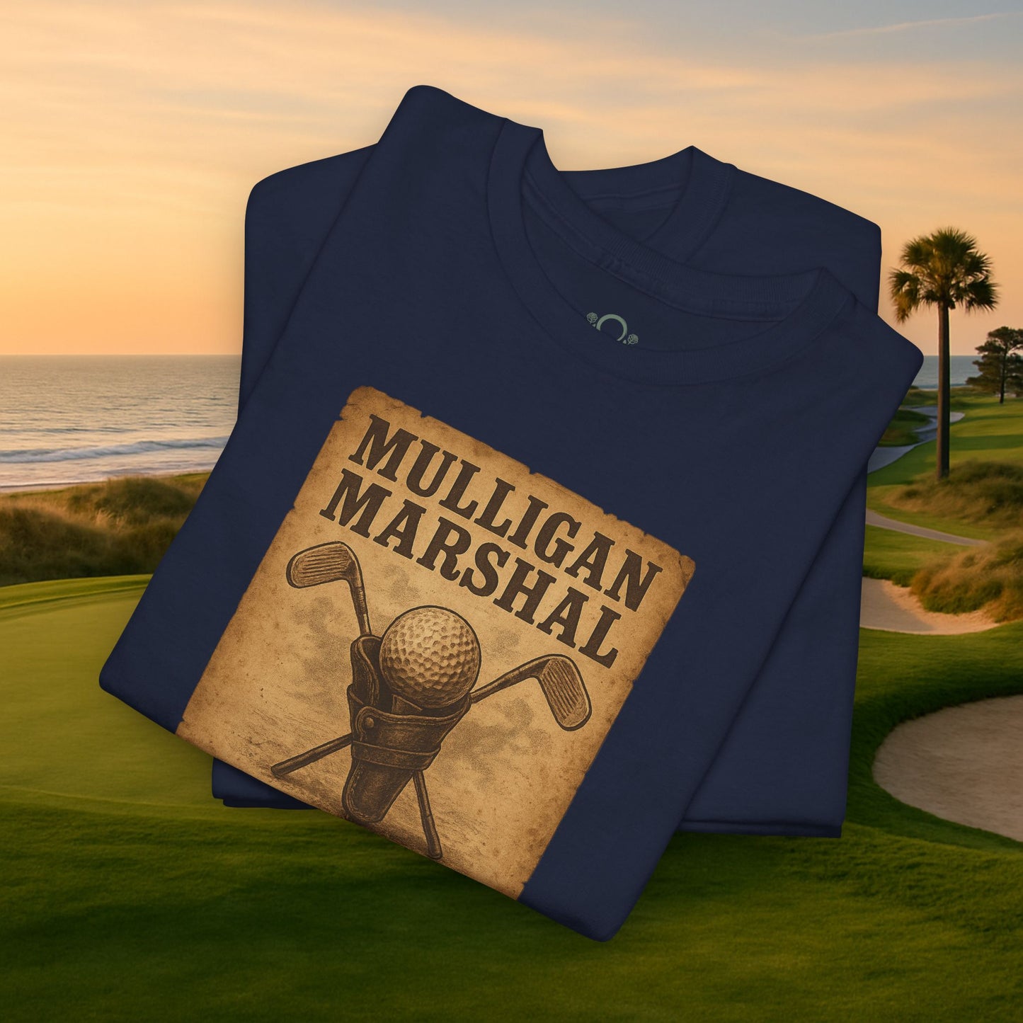 Funny Mulligan Marshal Wanted Golf Tee Shirt in deep navy blue, perfect for a casual summer look, catering to golf lovers with a sense of humor.