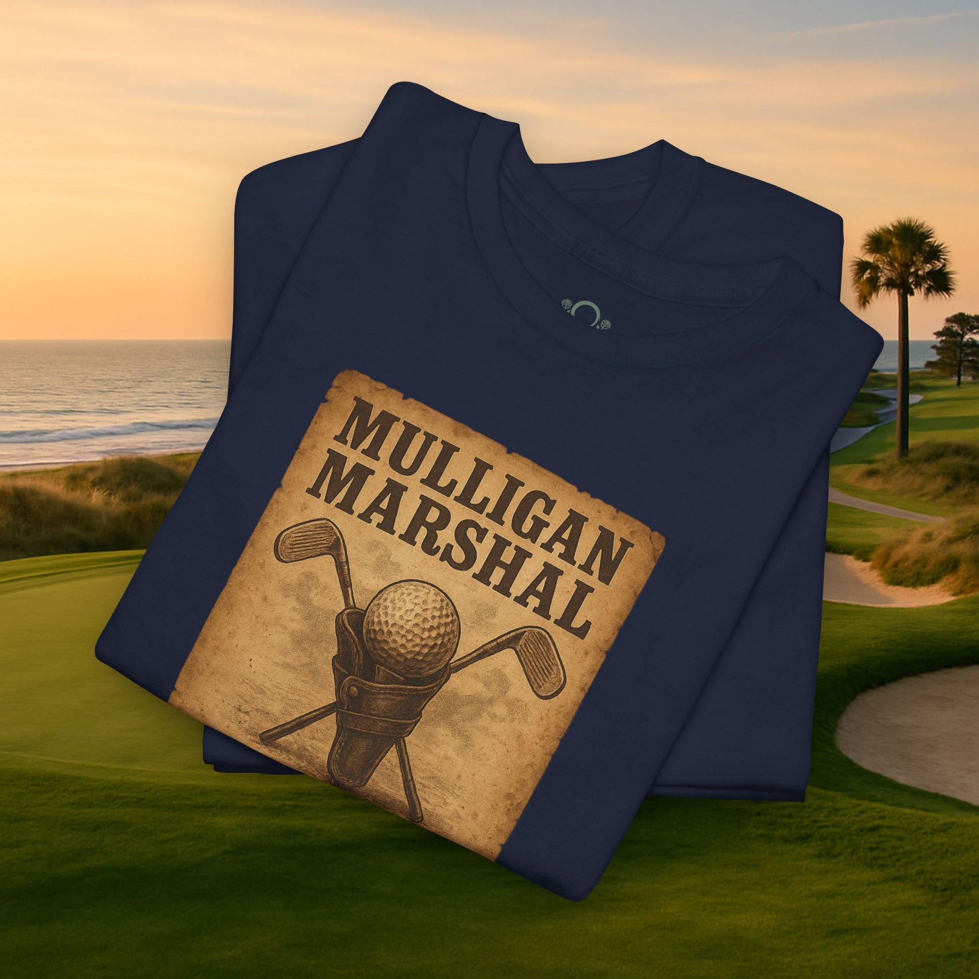 Funny Mulligan Marshal Wanted Golf Tee Shirt in deep navy blue, perfect for a casual summer look, catering to golf lovers with a sense of humor.