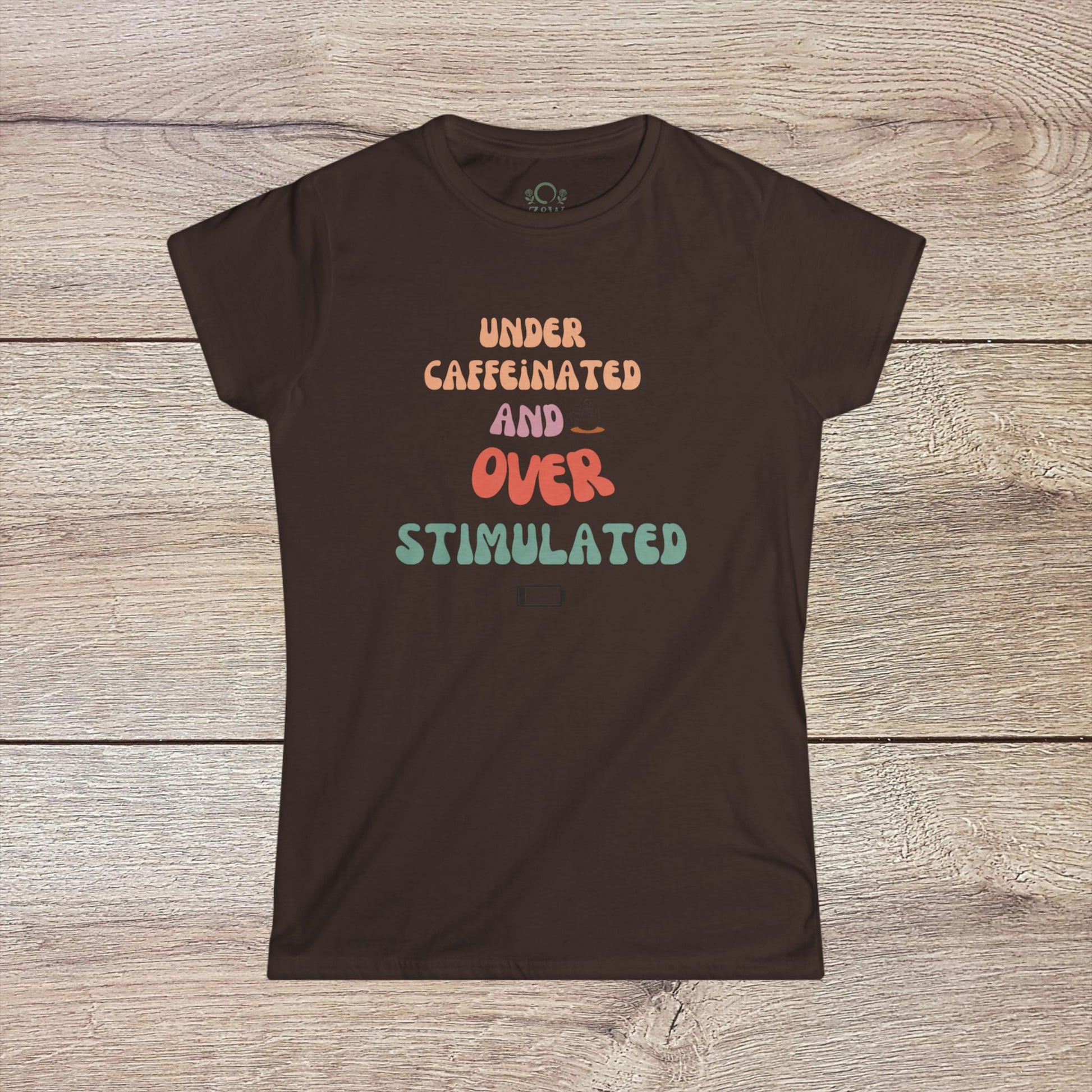 Under-Caffeinated Over-Stimulated Hoodie in brown, highlighting a playful word design, great for cozy and casual looks.