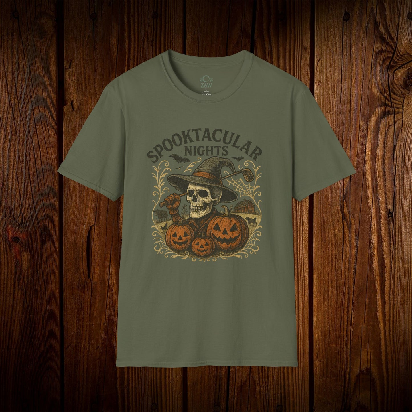 Spooktacular Nights Halloween T-shirt in olive green, showcasing a spooky skull and pumpkin graphic, ideal for Halloween celebrations.