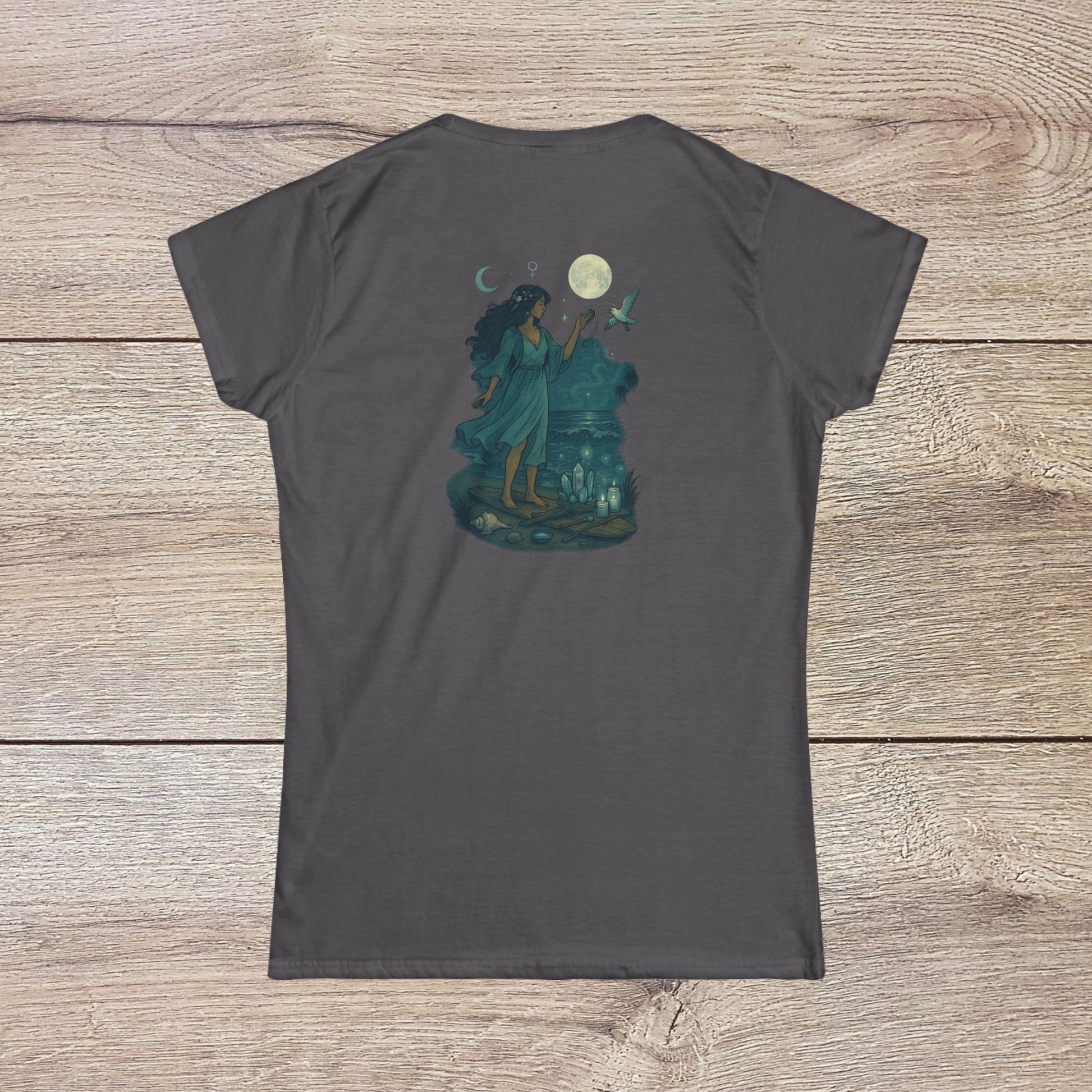 Moon Child T-Shirt - Soft Slim-Fit Tee for Dreamers in gray, featuring an enchanting design of a woman reaching for the moon, ideal for dreamers.