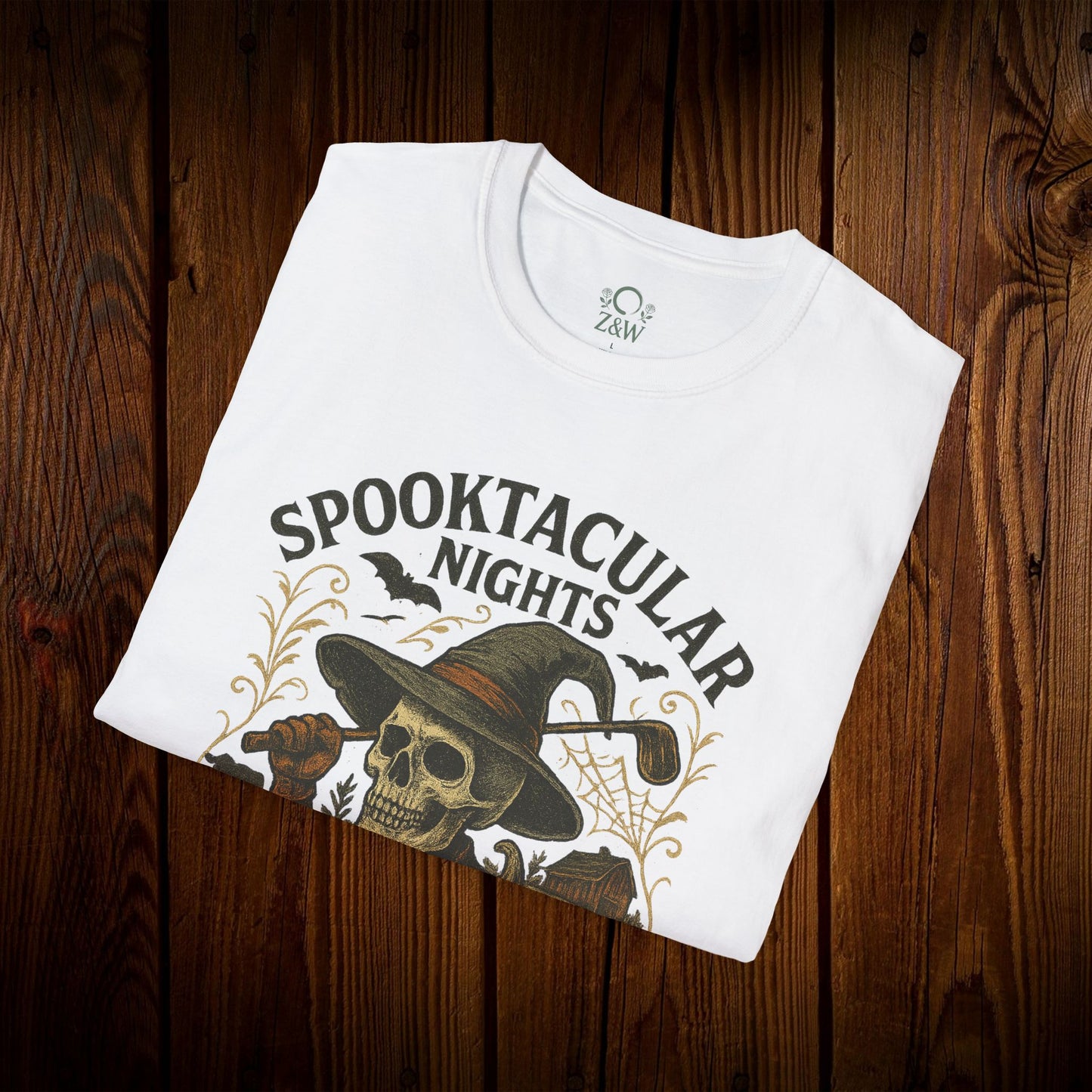 Spooktacular Nights Halloween T-Shirt in classic white, showcasing a spooky skull design, great for Halloween festivities.