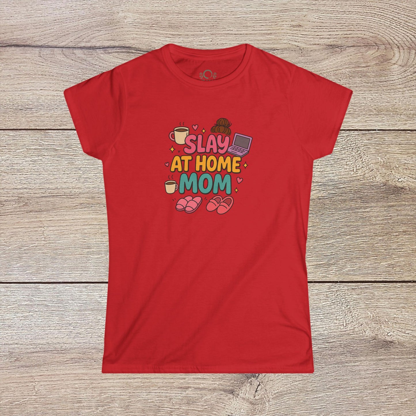 Slay At Home Mom T-Shirt in red color showcasing a playful graphic design with coffee and slippers, made from soft cotton, available in sizes S-4XL.