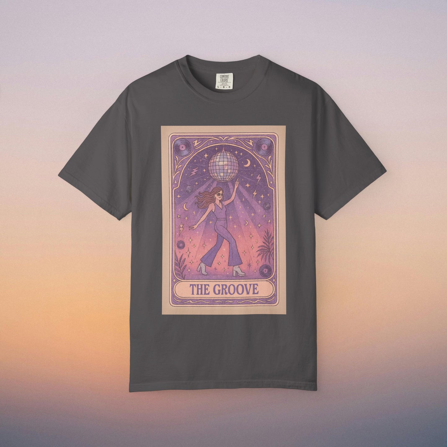 Groove Tarot Graphic Tee in charcoal presenting a trendy woman dancing with a disco ball, designed for comfort and style - unisex fit, sizes S-4XL.