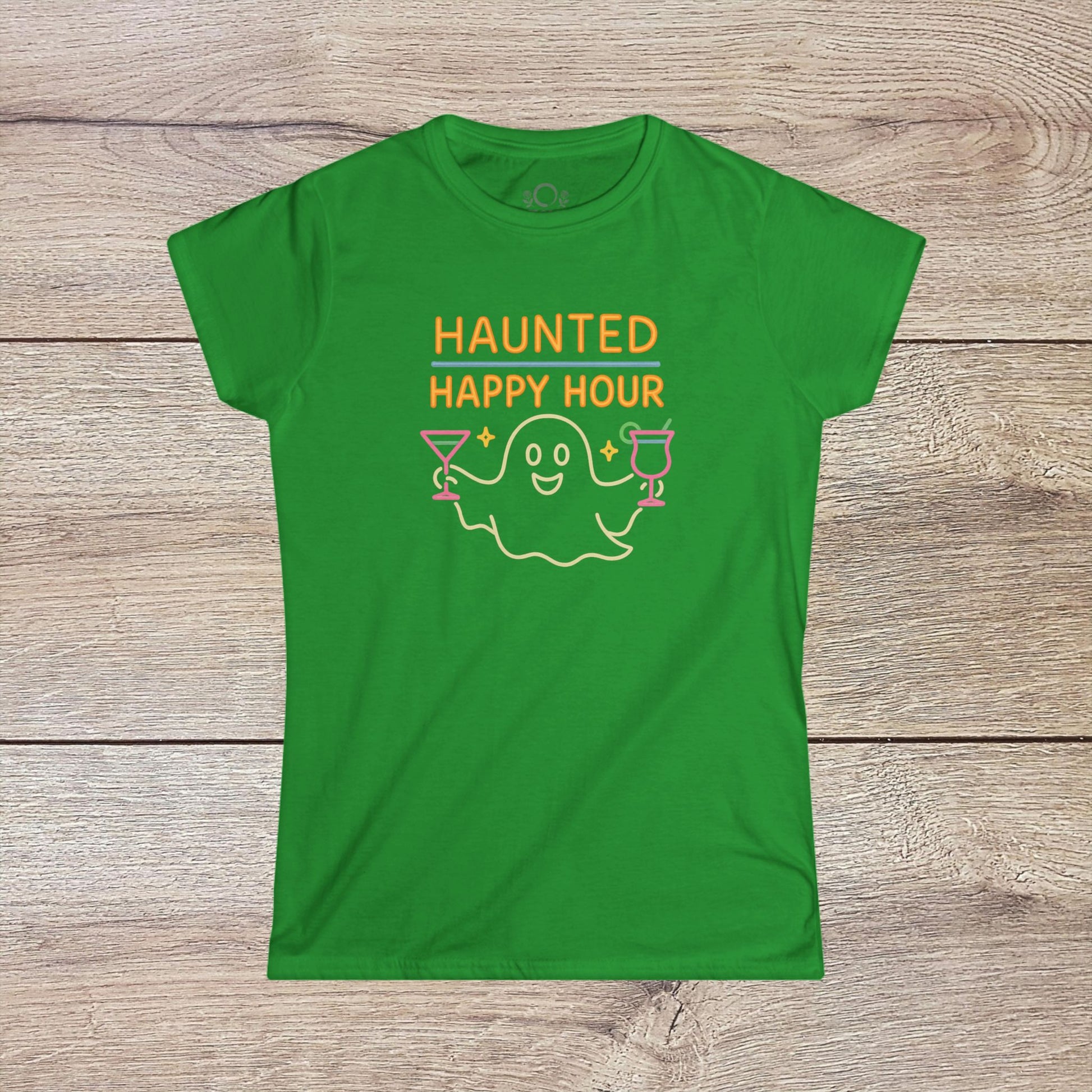 Haunted Happy Hour T-Shirt in vibrant green, highlighting a whimsical ghost with cocktails graphic, great for Halloween festivities and eco-friendly apparel.