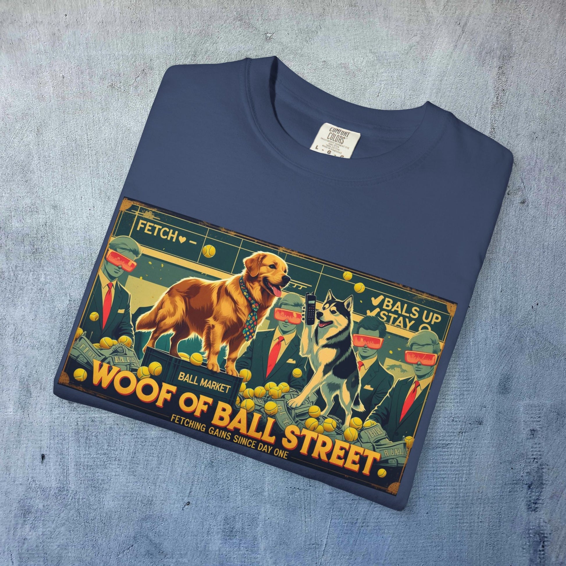 Close-up of the Sleek Woof of Ball Street T-Shirt in navy blue, emphasizing the unique dog artwork and fun text 'Woof of Ball Street'.