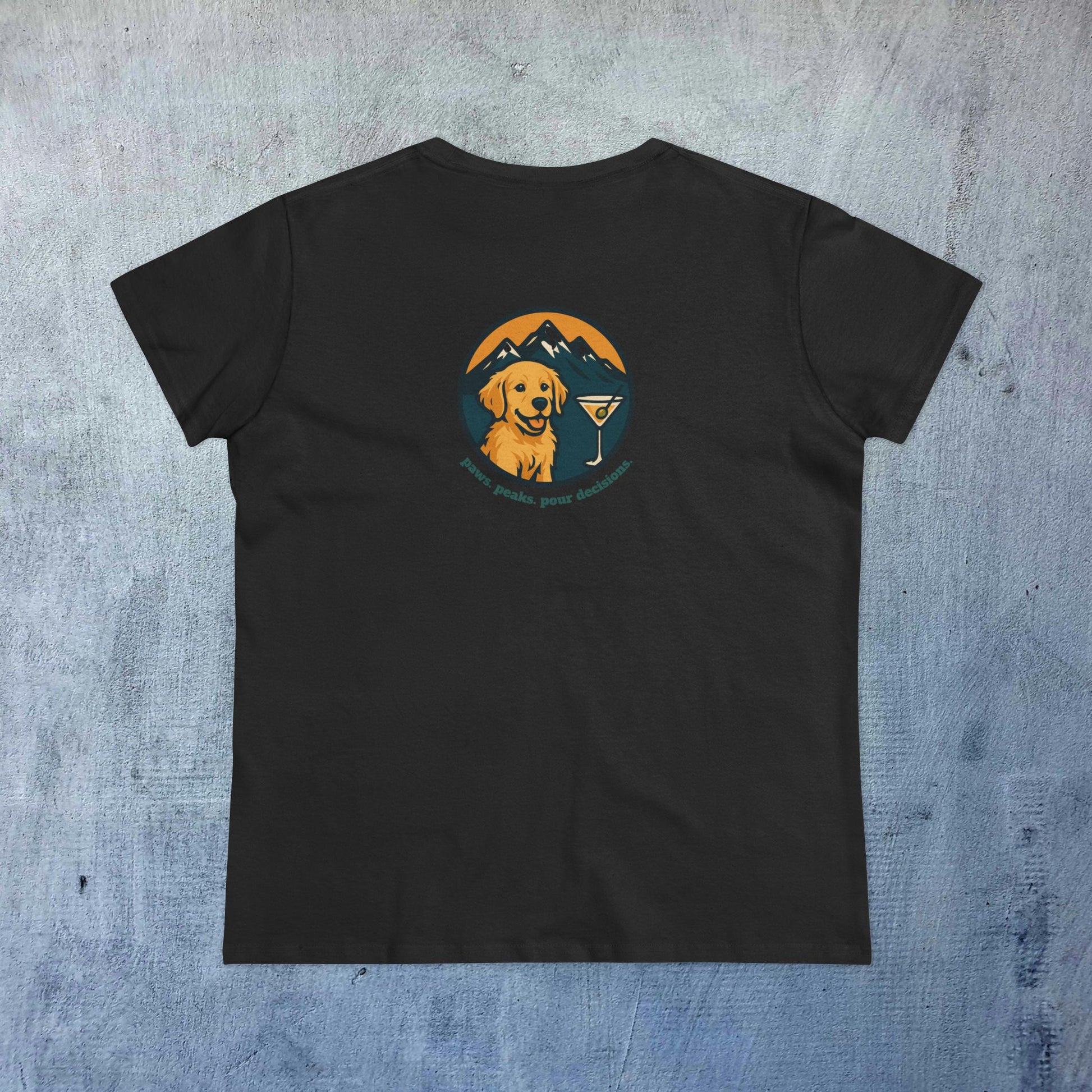 Unisex Dog Lover T-Shirt featuring a golden retriever design with mountains and a martini glass, ideal for casual comfort and dog lovers.
