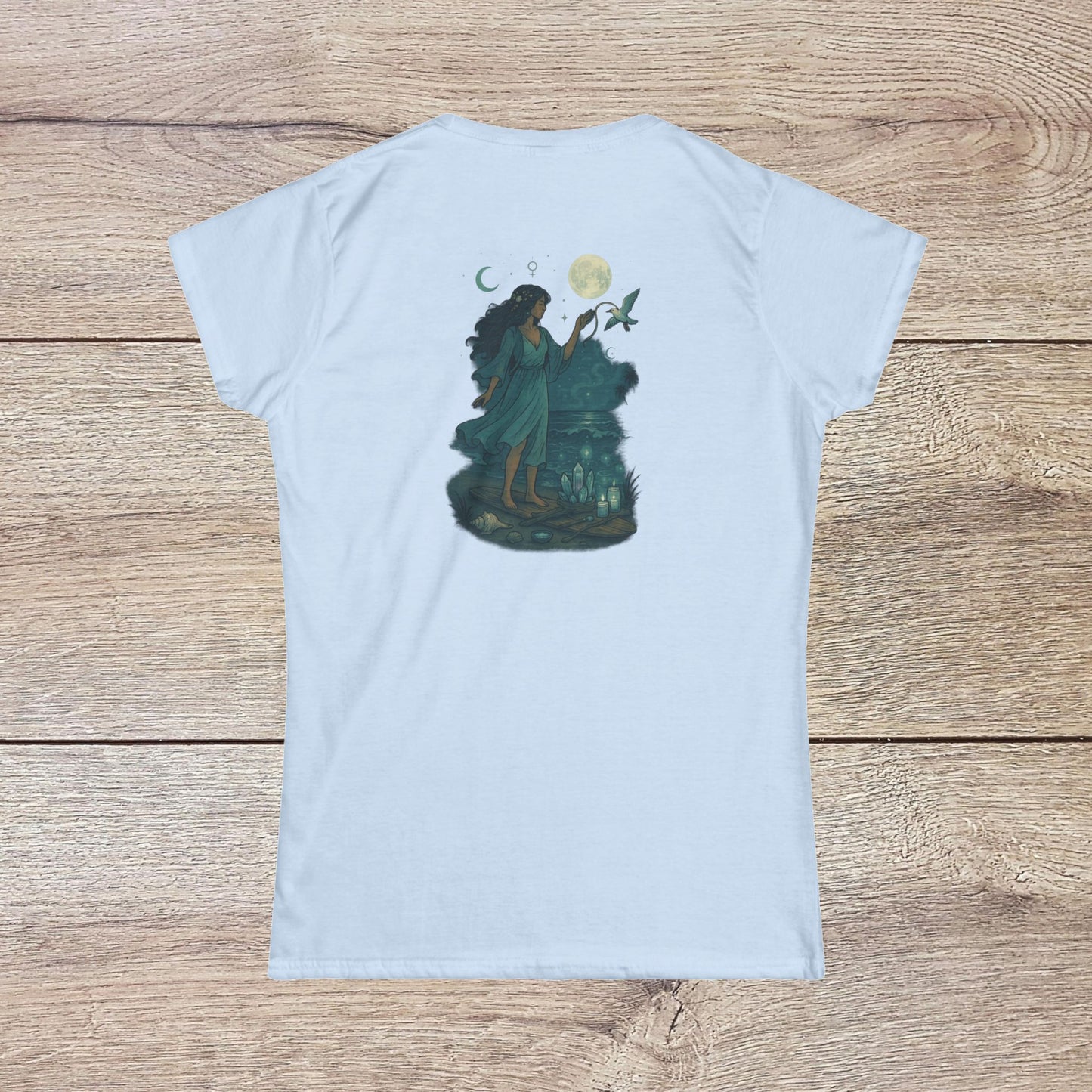 Moon Child T-Shirt featuring a whimsical design of a woman under the moonlight, perfect for dreamers and casual wear. Ideal gift for every occasion.