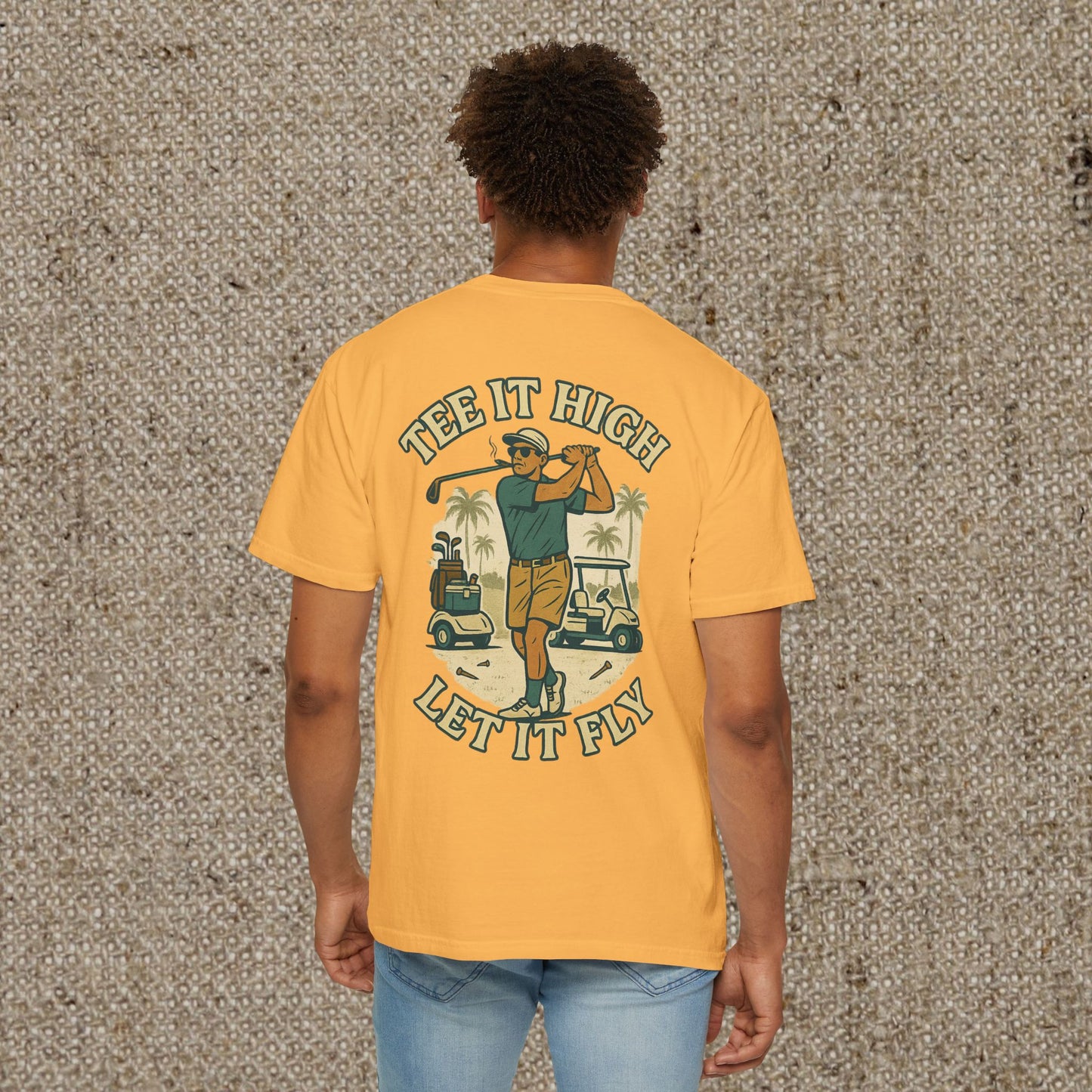 Back view of the Tee It High Let It Fly Graphic Tee in yellow, featuring a playful golf-themed graphic design, perfect for casual wear.