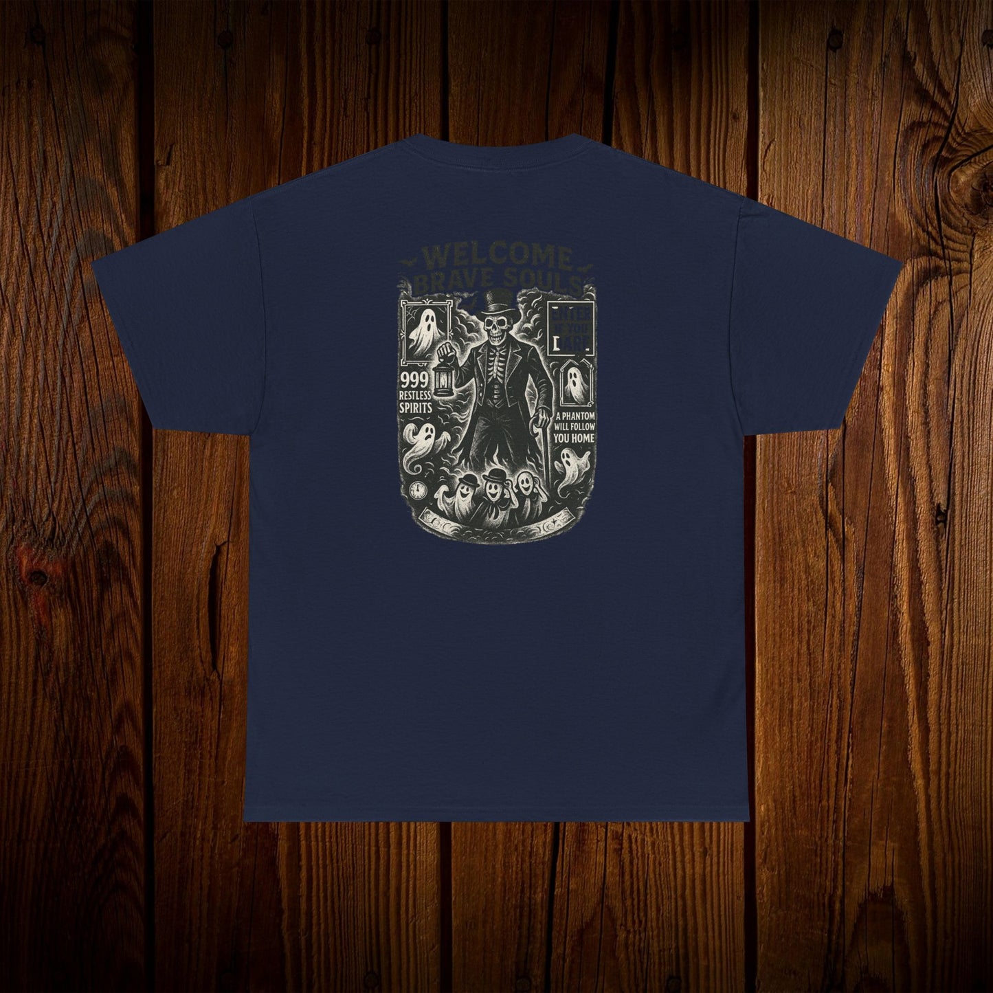 Spooky Halloween Graphic Tee - Unisex Cotton Shirt in navy blue featuring a captivating design with a skeleton and ghost theme, perfect for casual Halloween apparel.