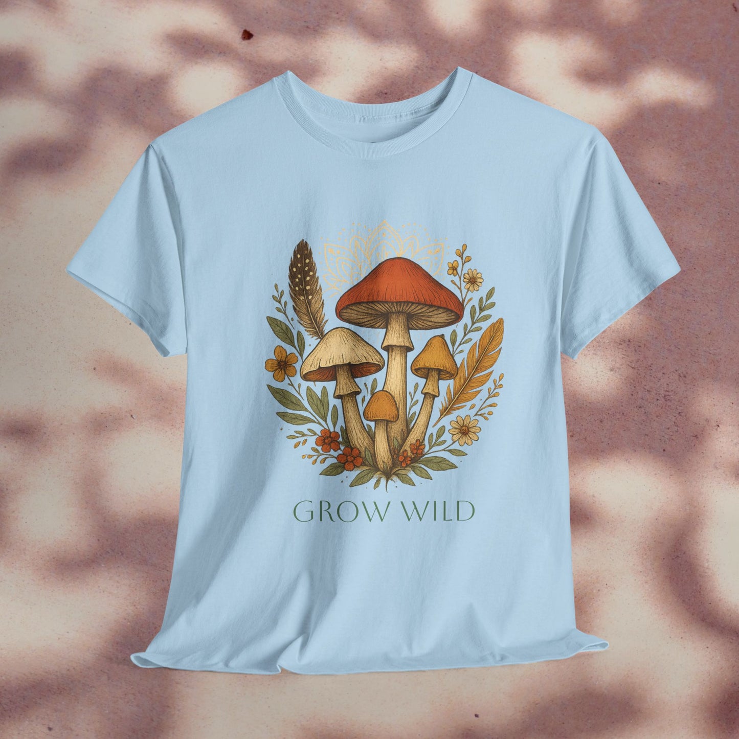 Wild Mushroom Graphic Tee in Light Blue - Eco-Friendly Unisex Cotton Shirt for Nature Lovers, Adventure Apparel showcasing vibrant mushroom design with 'GROW WILD' statement.