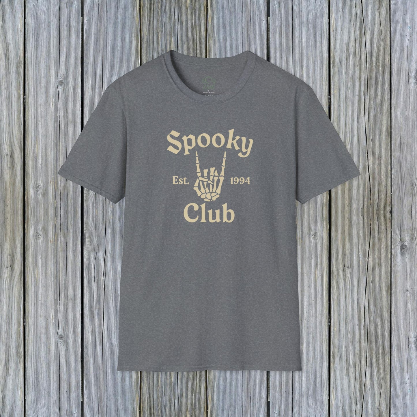 Unisex Spooky Club Tee in heather gray, featuring a skeleton hand design and text, created from soft and durable 100% cotton for Halloween.